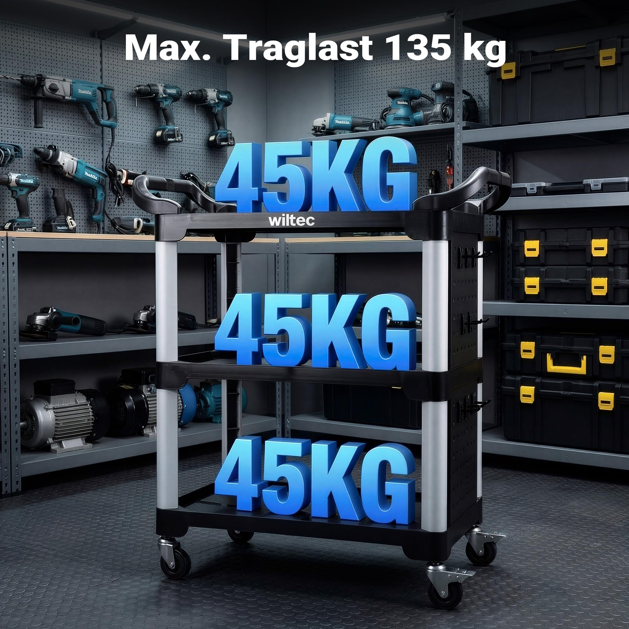 Wiltec 3-Ebenen Rollwagen Typ 02 mit 120 kg Traglast, Werkstattwagen 67 x 43,5 x 97 cm aus Kunststoff