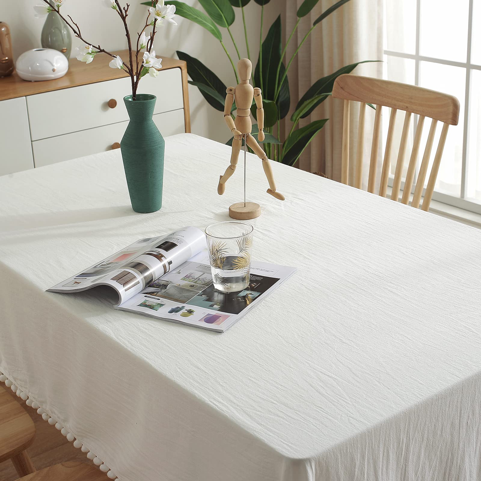 rismart Rechteck Tischdecke Tischtuch Pom Pom Couchtisch Decke Weiß,140 x 260 cm