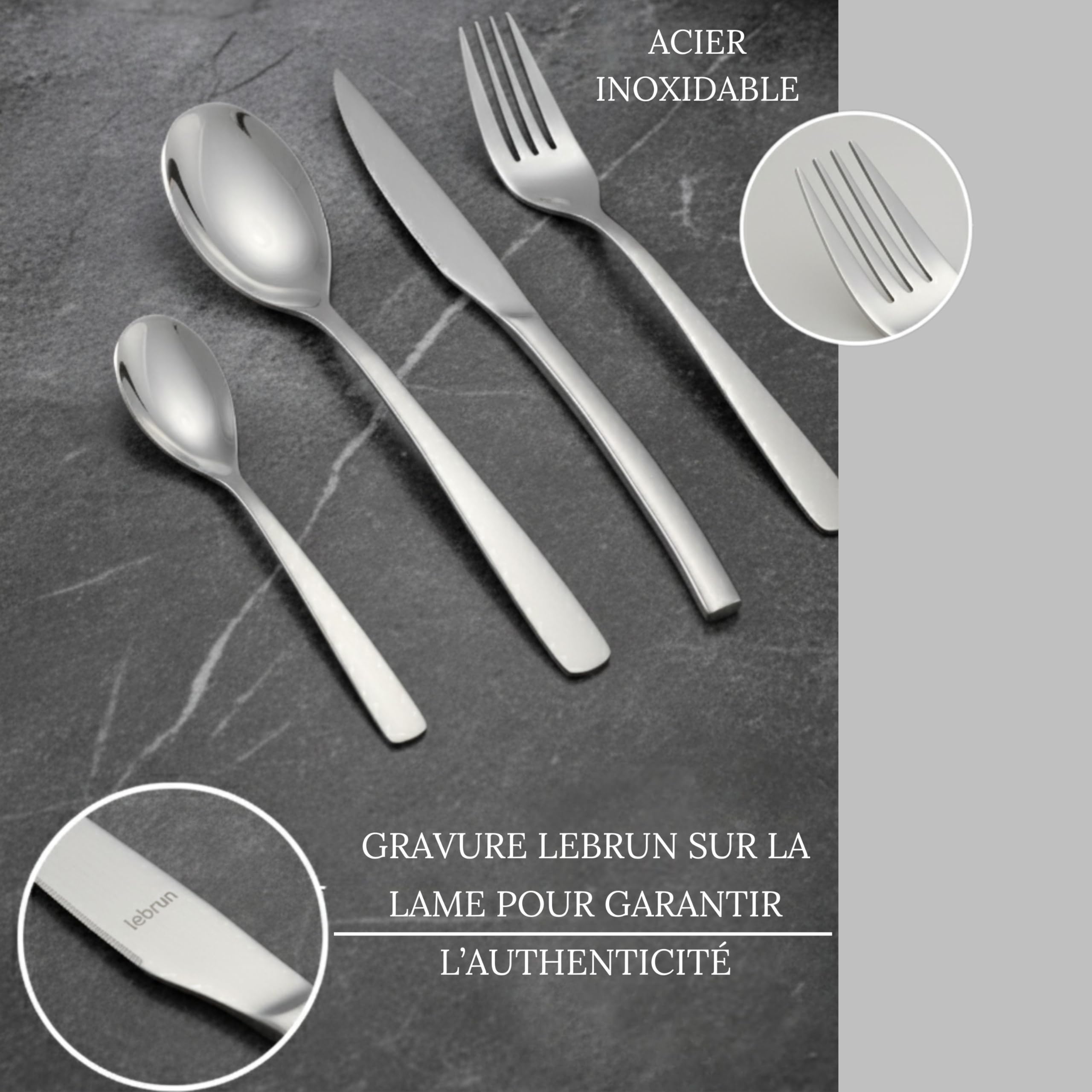 Lebrun Posate CABANA - MENAGERE 24 pezzi in finitura a contrasto - Servizio da tavola per 6 persone: 6 forchette, 6 coltelli da tavola, 6 cucchiai, 6 cucchiaini - Made in Francia.