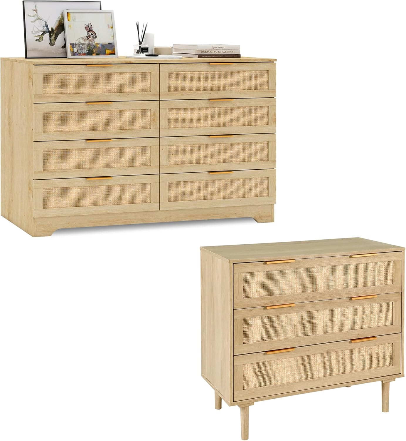 2 Piece Living Room Table Set, Boho 8 Drawer and 3 Large Drawer Nightstand, Rattan Modern Tv Stand and End Table, Oak