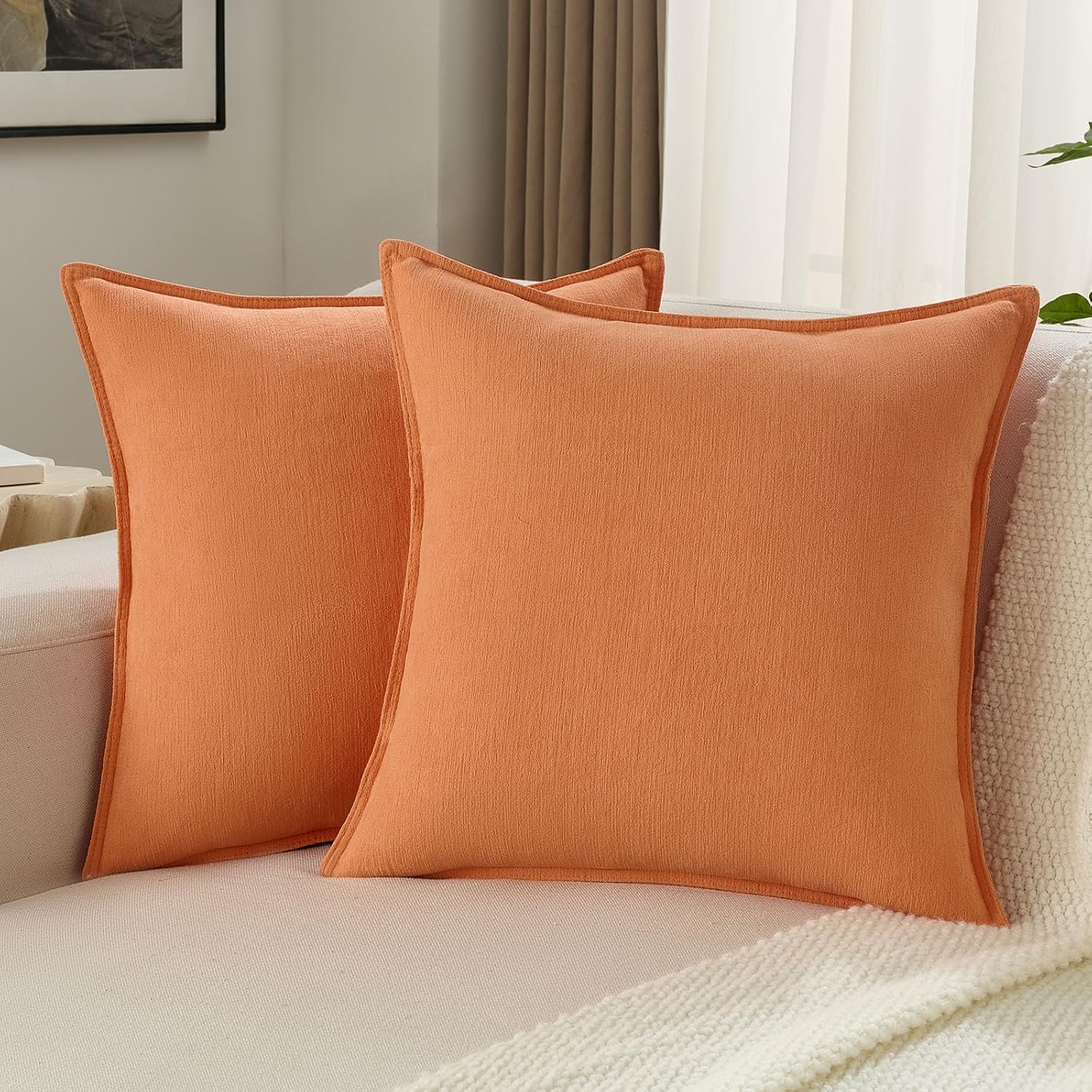 FUTEI Orange Chenille Throw Pillow Covers 18x18 Inch Set of 2,Edges Double-Stitched Cushion Cases,Modern Home Decor for Couch Living Room