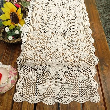 kilofly Handmade Crochet Lace Rectangular Table Runner 15 x 51 Inch, White
