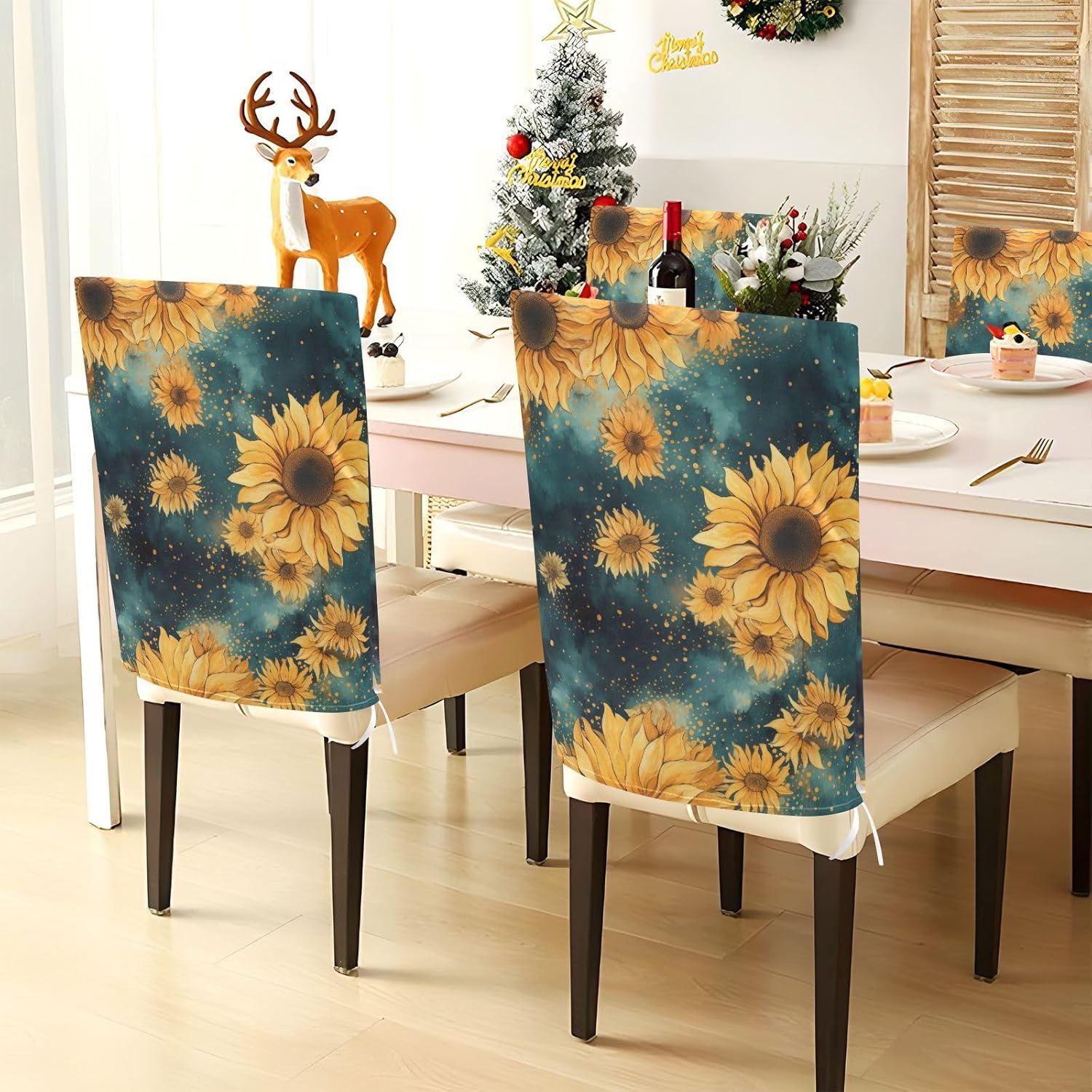 ALAZA Sunflowers Blue Starry Chair Back Cover Set of 6, Washable Reusable Removable Chair Slipcovers Decorative Chair Cover for Home Kitchen Wedding Party