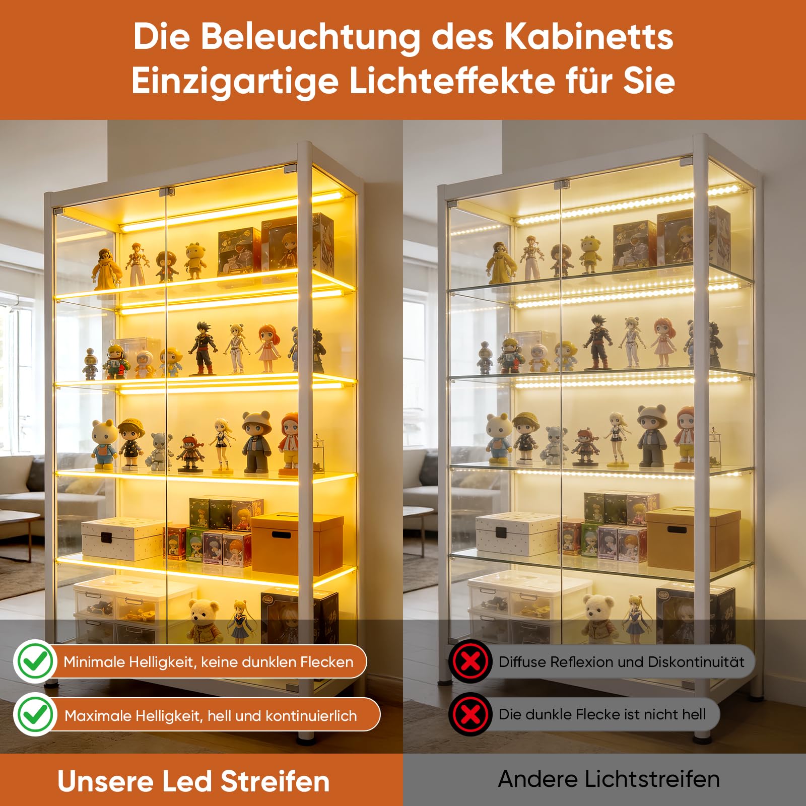 Schrankbeleuchtung Set, COB LED Strip 2 m 6 Rollen, Warmweiß Dimmbar mit Touch-Schalter, Kürzbar, Geeignet für Vitrinen, Weinschränke, Ausstellungsvitrinen und Küchen