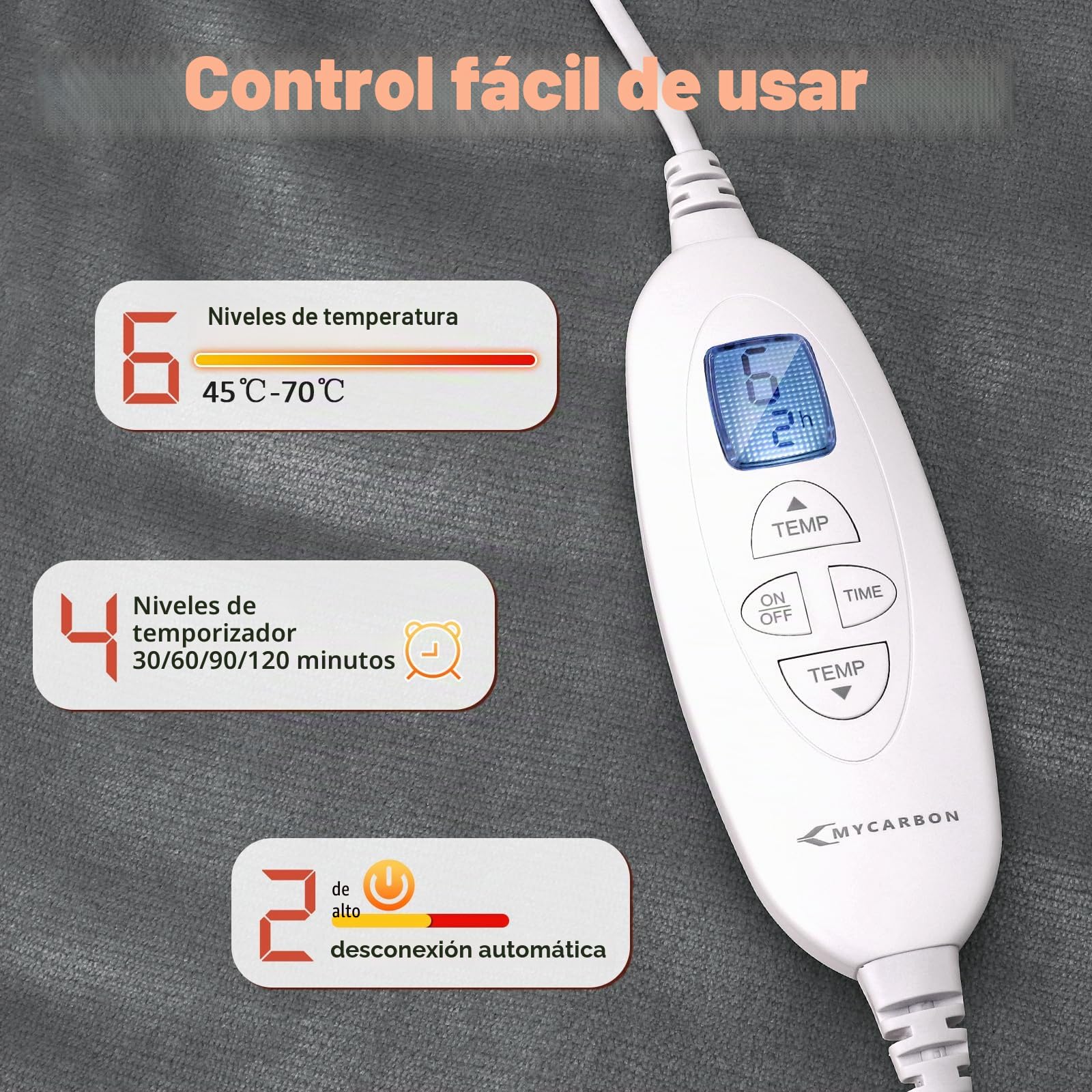 MYCARBON Manta Electrica Espalda y Cuello 60x100cm 6 Niveles de Calor | 4 Timer, Control Remoto, Almohadilla Electrica con Botones y Cinturón, Calentamiento Rápido, Franela, Lavable a Máquina