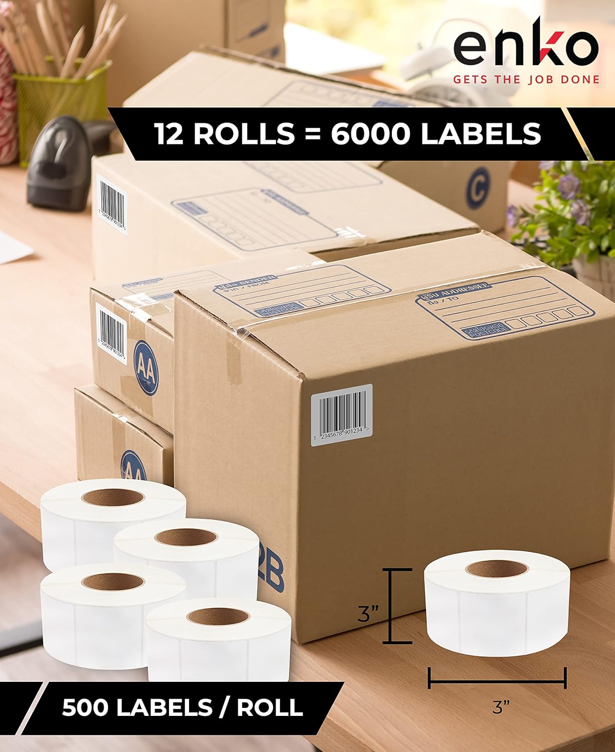 enKo [12 Rolls, 6000 Labels] 3 x 3 inches Direct Thermal Labels, FBA Stickers, FNSKU Labels Compatible for Zebra/Eltron