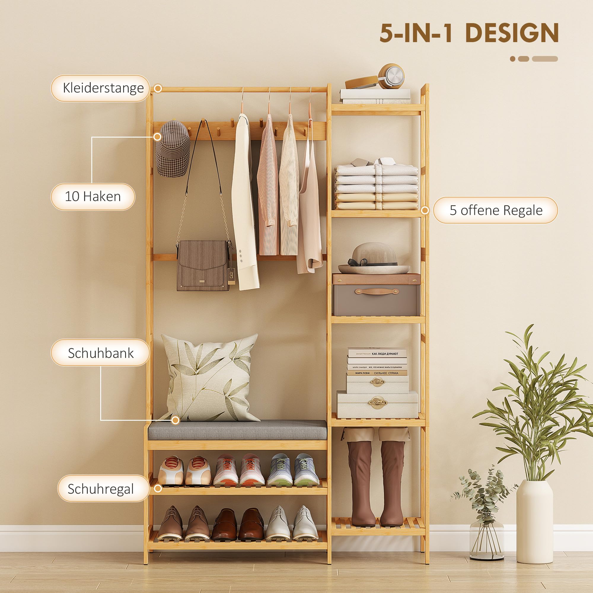 HOMCOM Perchero, 10 ganchos, Natural, Altura 175 cm | Banco acolchado con 2 estantes, barra ropa, 5 compartimentos abiertos, perchero para pasillo, dormitorio, sala