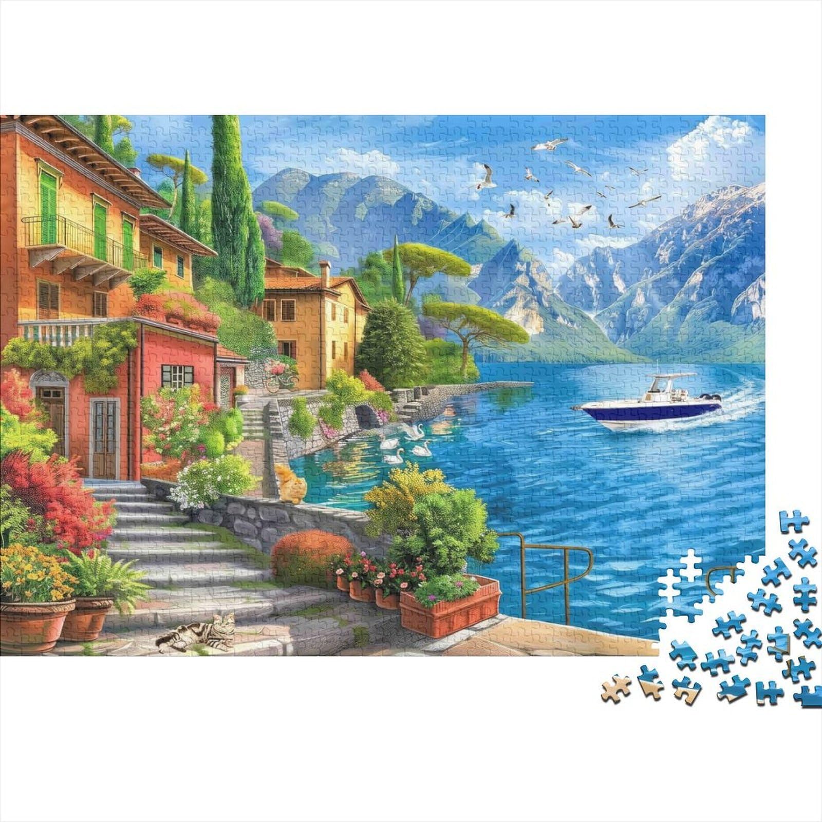 Lakeside Villa Scenery 1000 Piece Puzzles Beautiful View Lake Town Decoration Puzzle Educational Game for Men And Women Challenging Jigsaw Jigsaw Puzzles for Adults 70x50cm/1000pcs