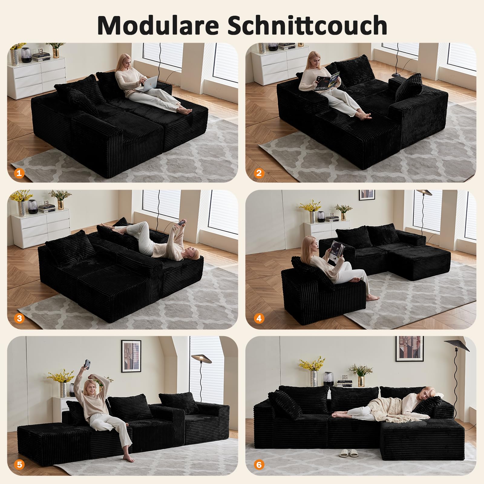 Vamcheer Modulares Ecksofa mit Schlaffunktion – L-Form Sofa als Wohnlandschaft, Big Sofa im Cloud Couch und Boneless Couch Design, Sofas & Couches fürs Wohnzimmer, Schwarz