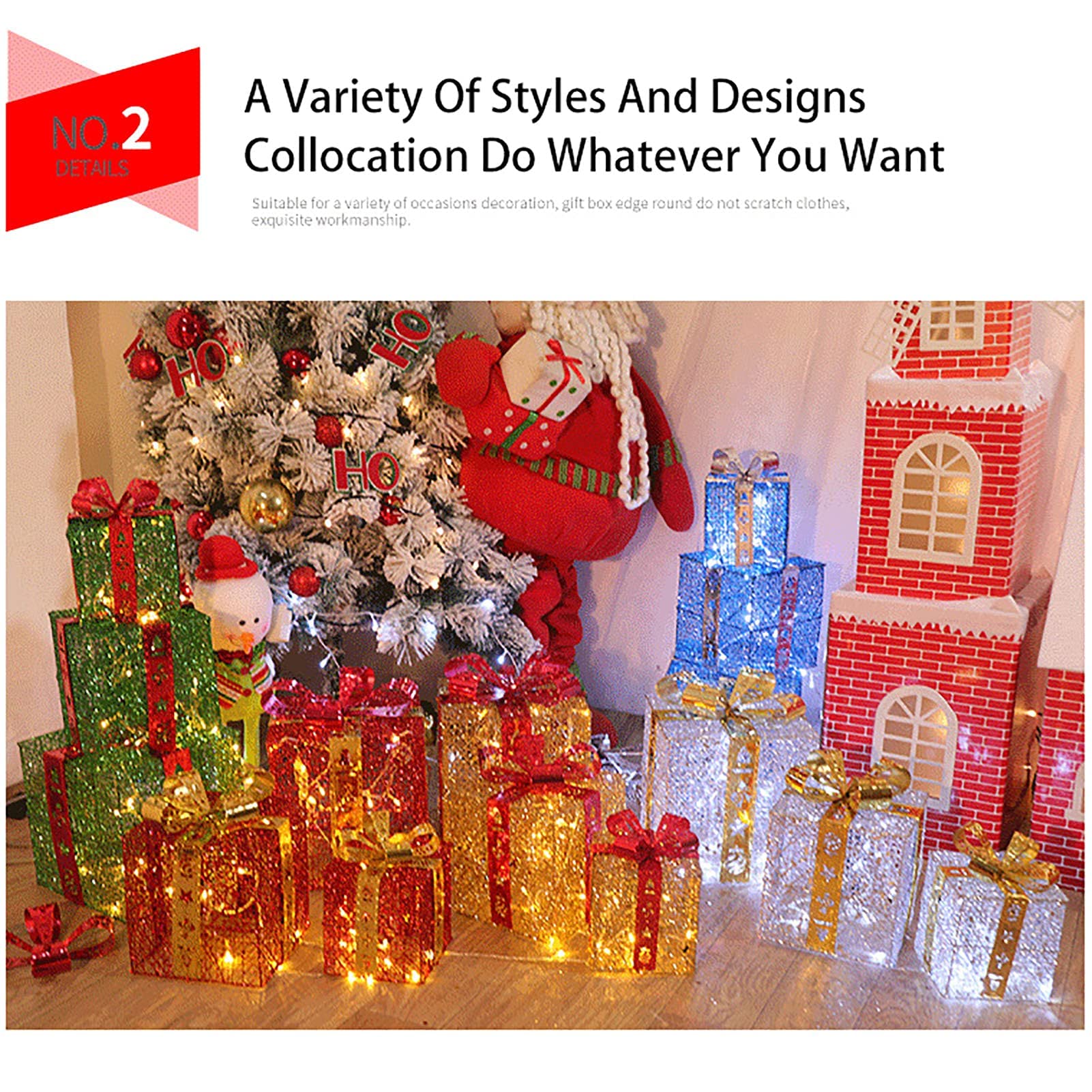 Cajas de regalo para Navidad, Juego de 3 cajas decorativas de cajas de regalo iluminadas navideñas, for decoración del hogar interior de vacaciones(Rosso)