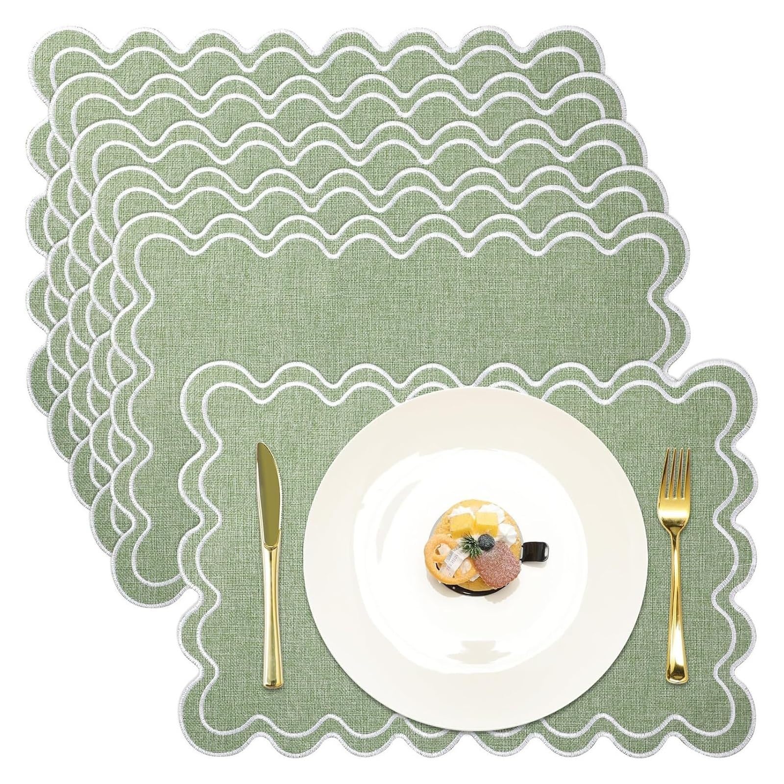 Manteles individuales de lino y algodón, manteles individuales con bordado ondulado festoneado de 13x19 pulgadas, manteles rectangulares rústicos lavables for mesa de cena for Cocina(Green,STRIP_6PCS)