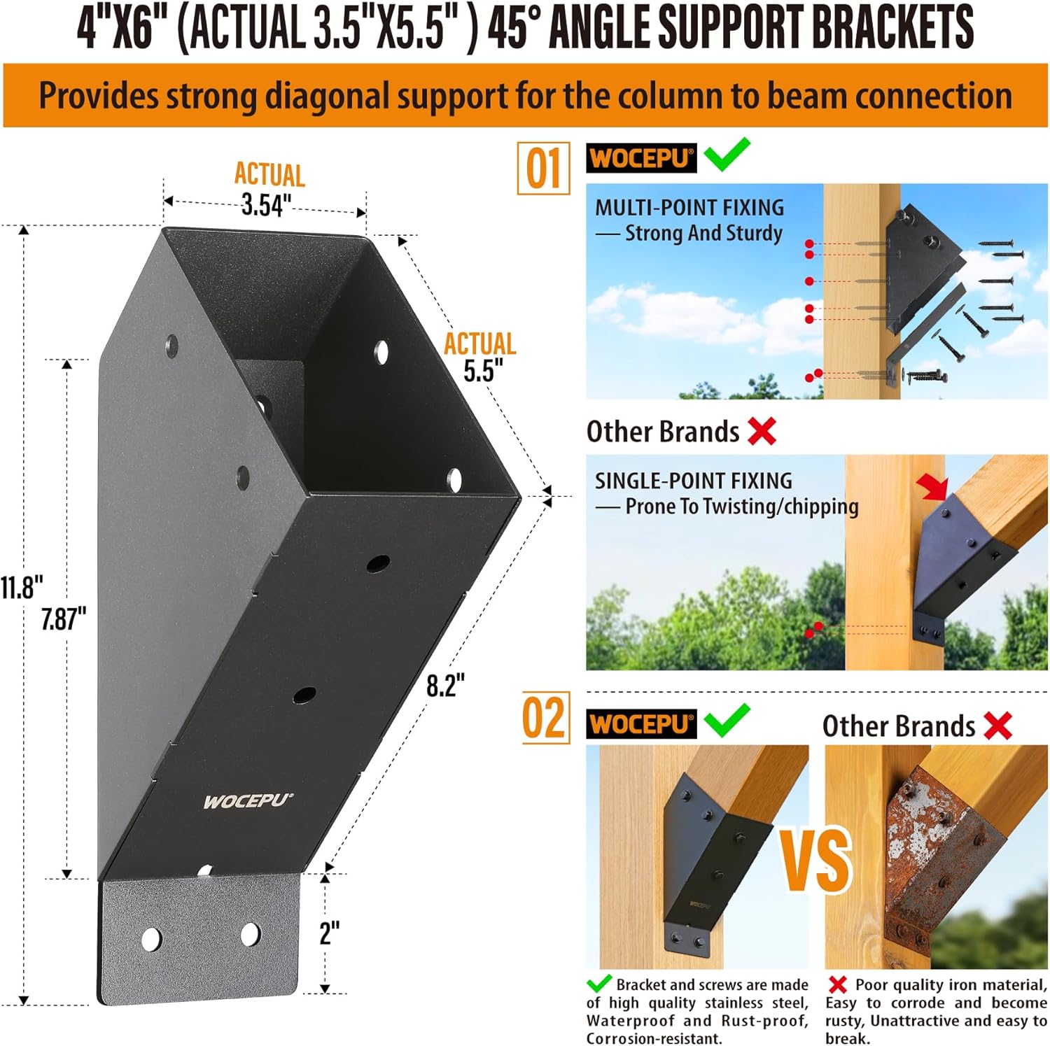 8pack 45 Degree Angle Support Bracket, for 4x6 (Actual 3.5''x5.5'') Pergolas, Gazebo, Deck Porch, Cabin Elevated Wood Support Bracket Support kit (Frosted-Black)