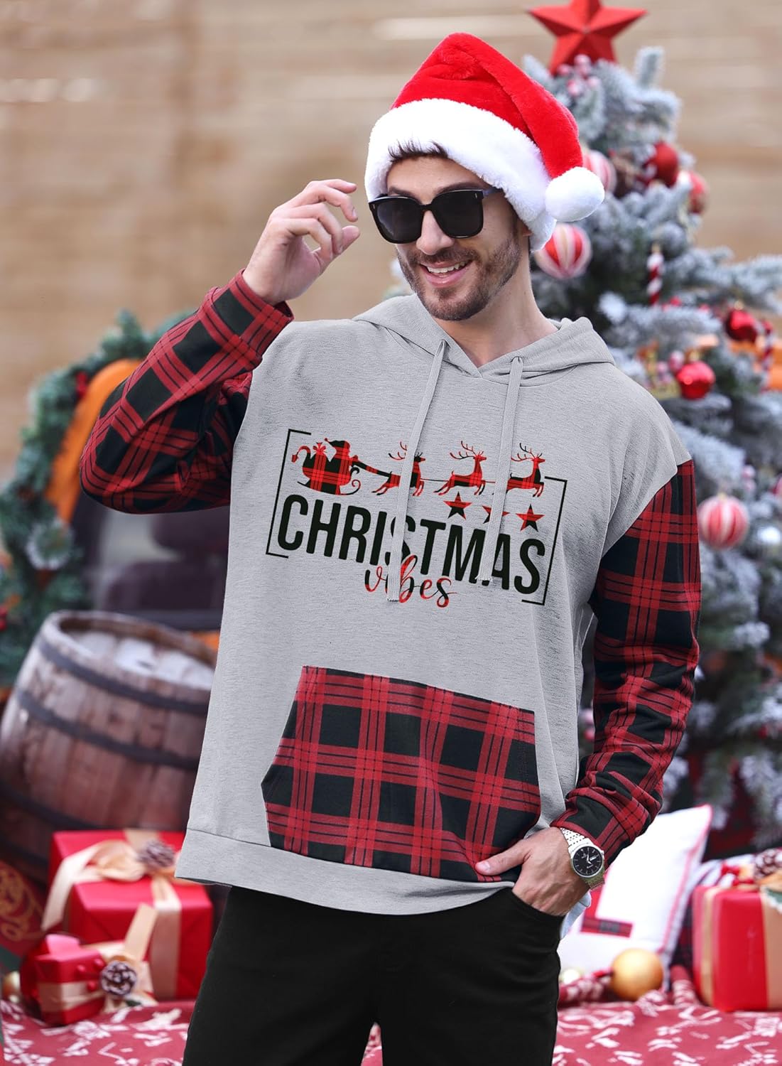 Arvilhill Men Ugly Christmas Hoodies Vintage Xmas Plaid Sweatshirt with Kangaroo Pocket (S-3XL) - Image 3