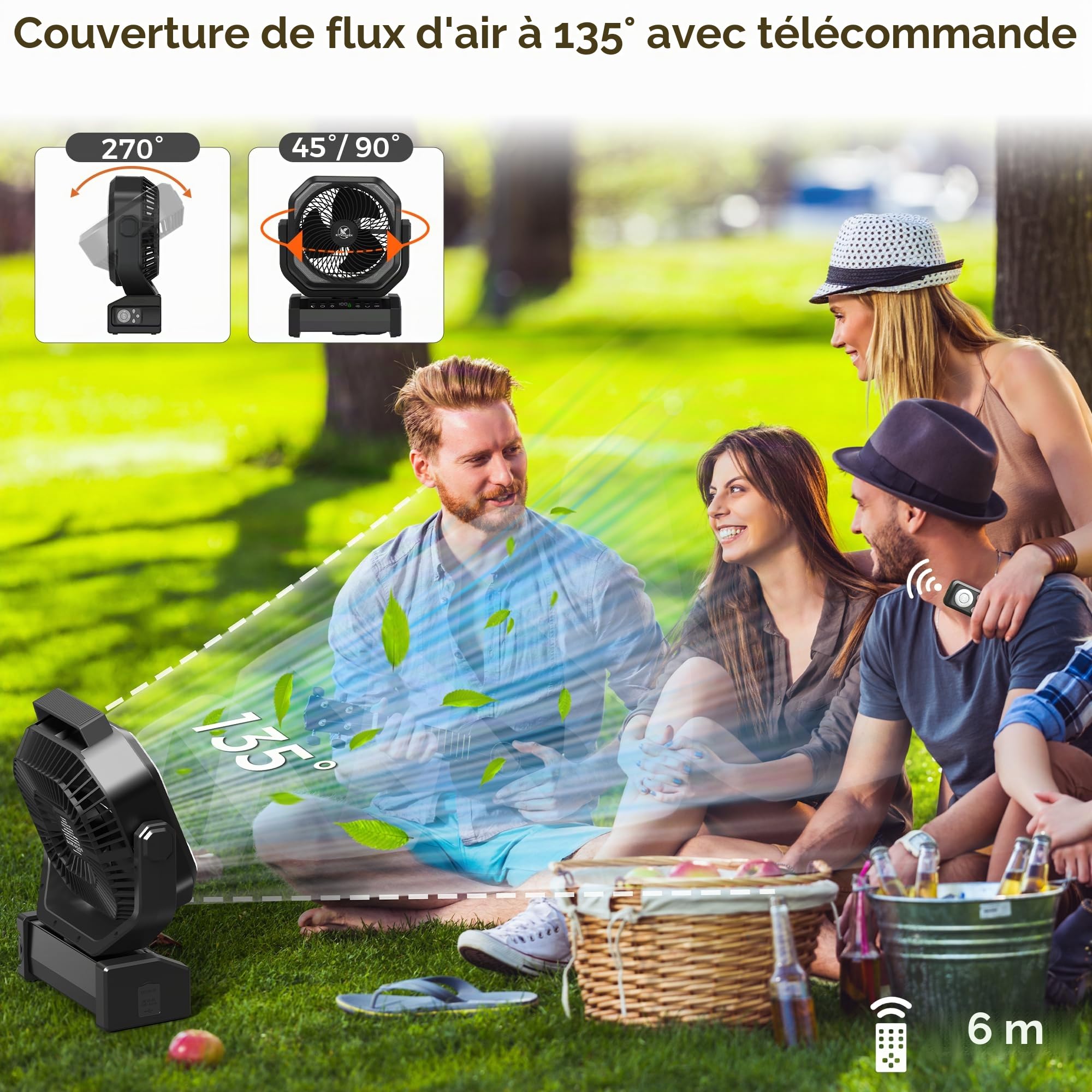 Ventilateur de camping avec lumière, 20 000 mAh, 112 heures d'autonomie maximale, 9 vitesses, minuterie, oscillation automatique -D22