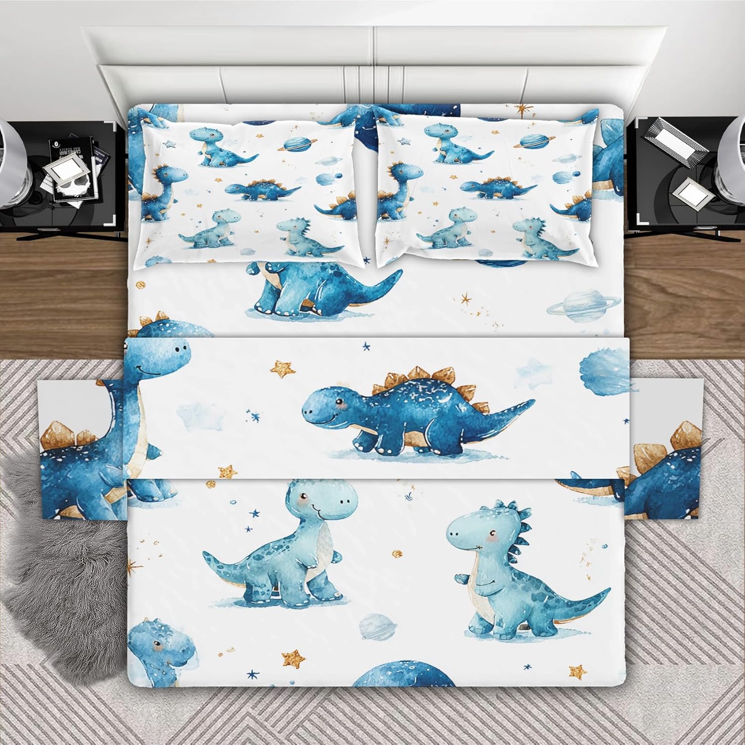 Cartoon Dinosaur Twin XL Sheet Set, Cute Dino Kids Bedding 3 Piece, Jungle Dinosaur Toddler Soft Breathable Bed Sheets with 16 Inch Deep Pocket - 1 Fitted Sheet & 1 Flat Sheet & 1 Pillowcase