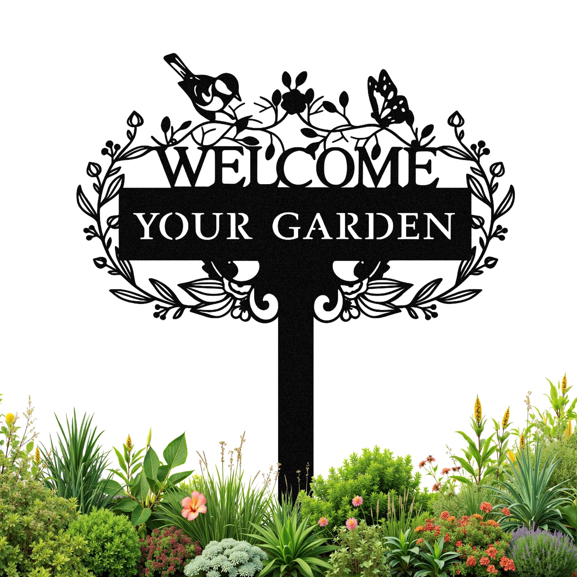 Personalized Garden Signs for Outside, Custom Metal Garden Signs with Stake Waterproof, Custom Name Metal Sign Outdoor, Customized Birds Flowers Design Home Patio Yard Decor Gardening Gifts