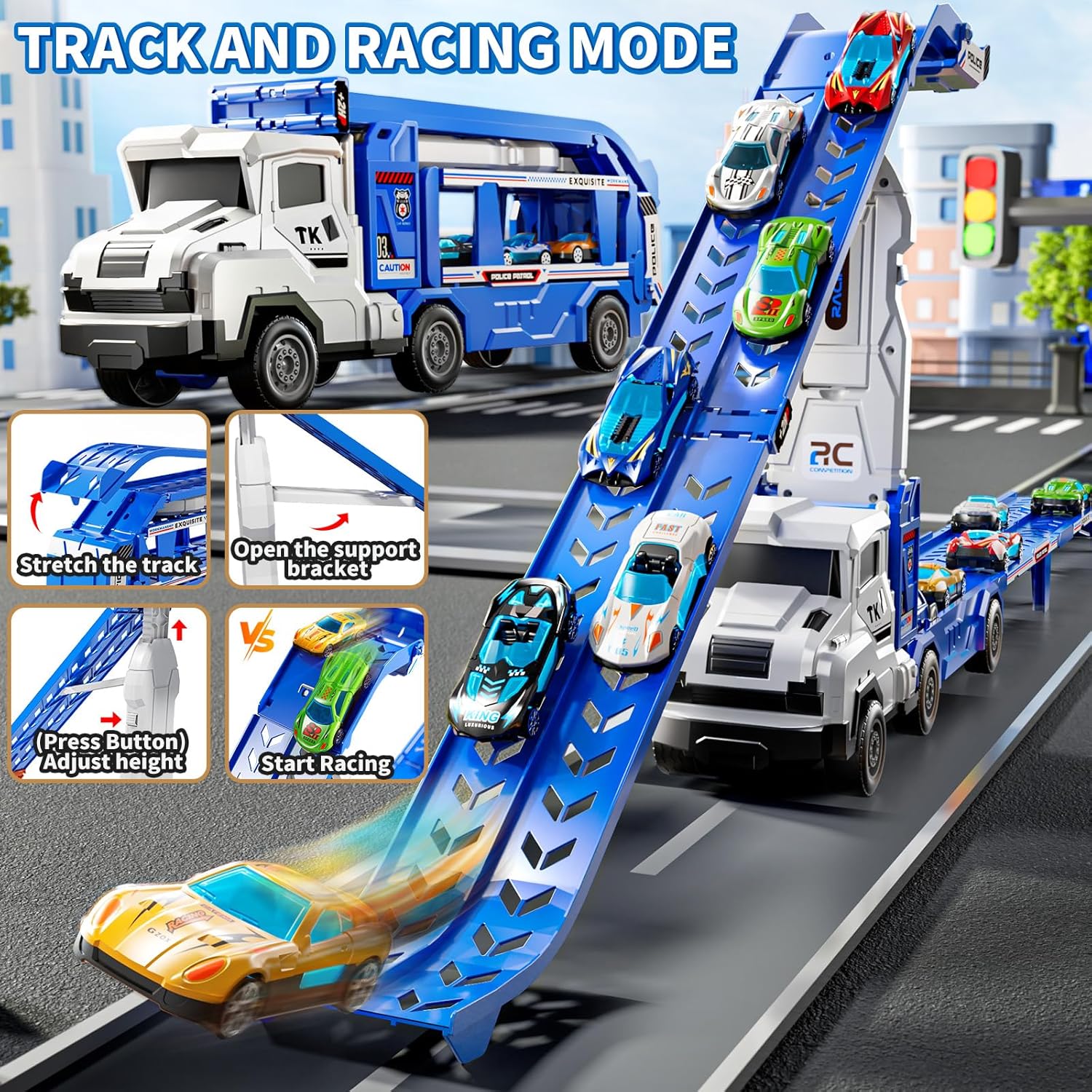 3-in-1 Kids Carrier Truck Toy Car Tracks for Toddlers 2-4 Years Old with 12 Racing Cars Toys, Foldable Chasing Race Track and Car Garage, Car Ramps Birthday Gift for Boys Girls 3-5 4-8(Blue)