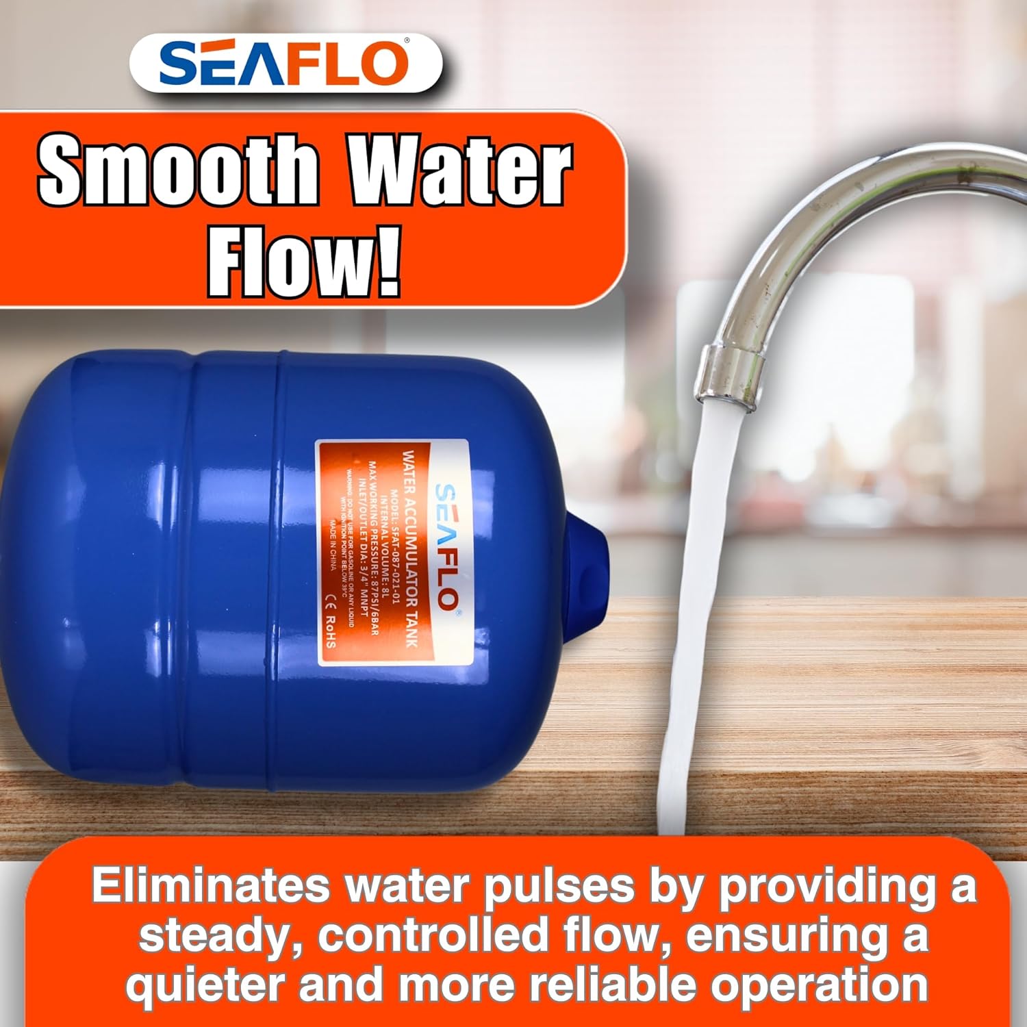 SEAFLO 2 Gallon Pre-Pressurized Accumulator Expansion Tank – Reduces Pump Cycling, Smooth Water Flow, 87 PSI, 3/4" MNPT, Compact Design for RV, Marine, Boat & Off-Grid Systems – 4-Year Warranty