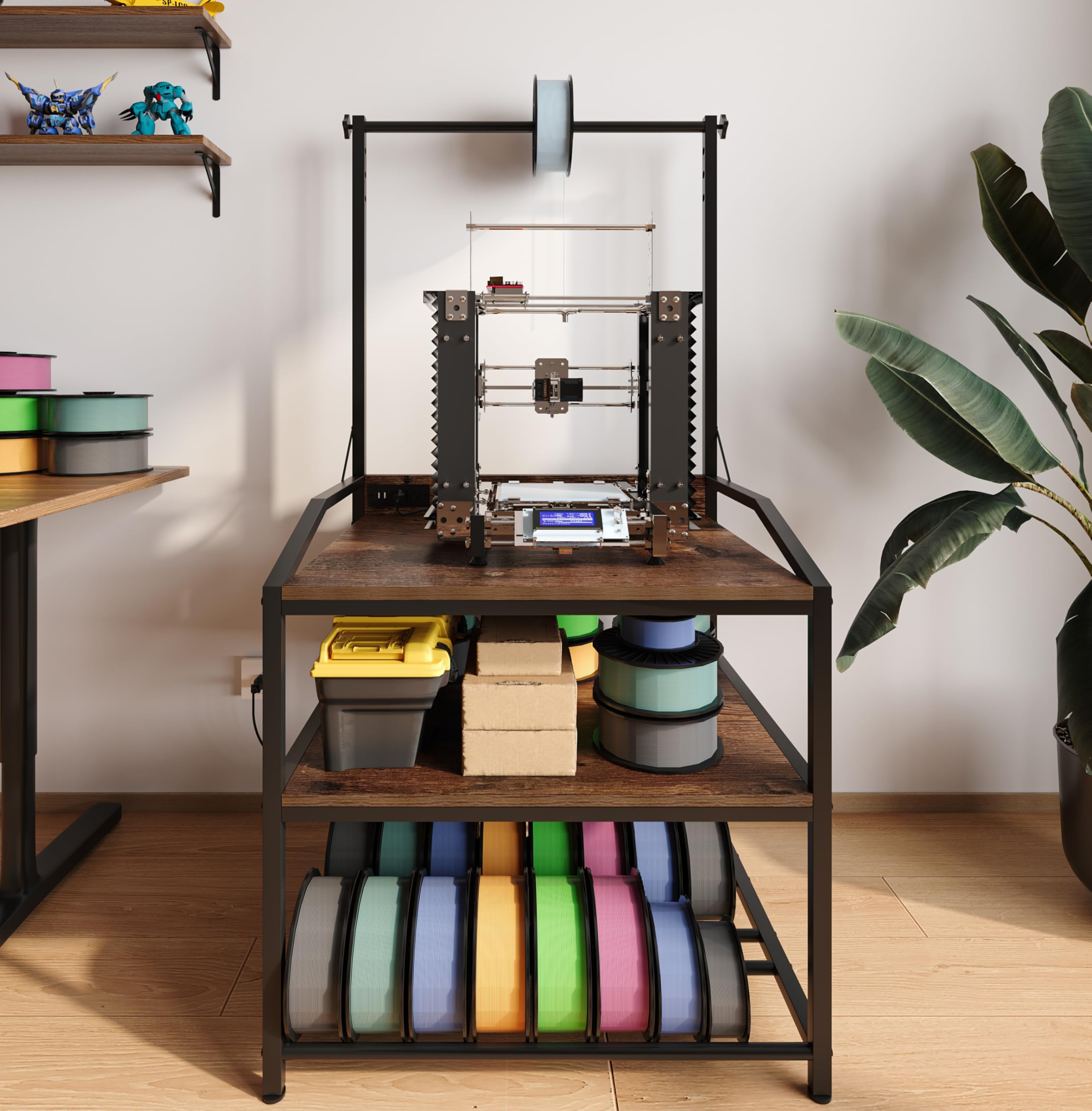 NinPeen 3D Printer Rack Filaments Storage,3D Printer Table with Shelf and Power Outlet for PLA/ABS/TPU/Nylon,Heavy Duty Printer Stand with Filament Organizer and spools Holder (Rustic Brown)