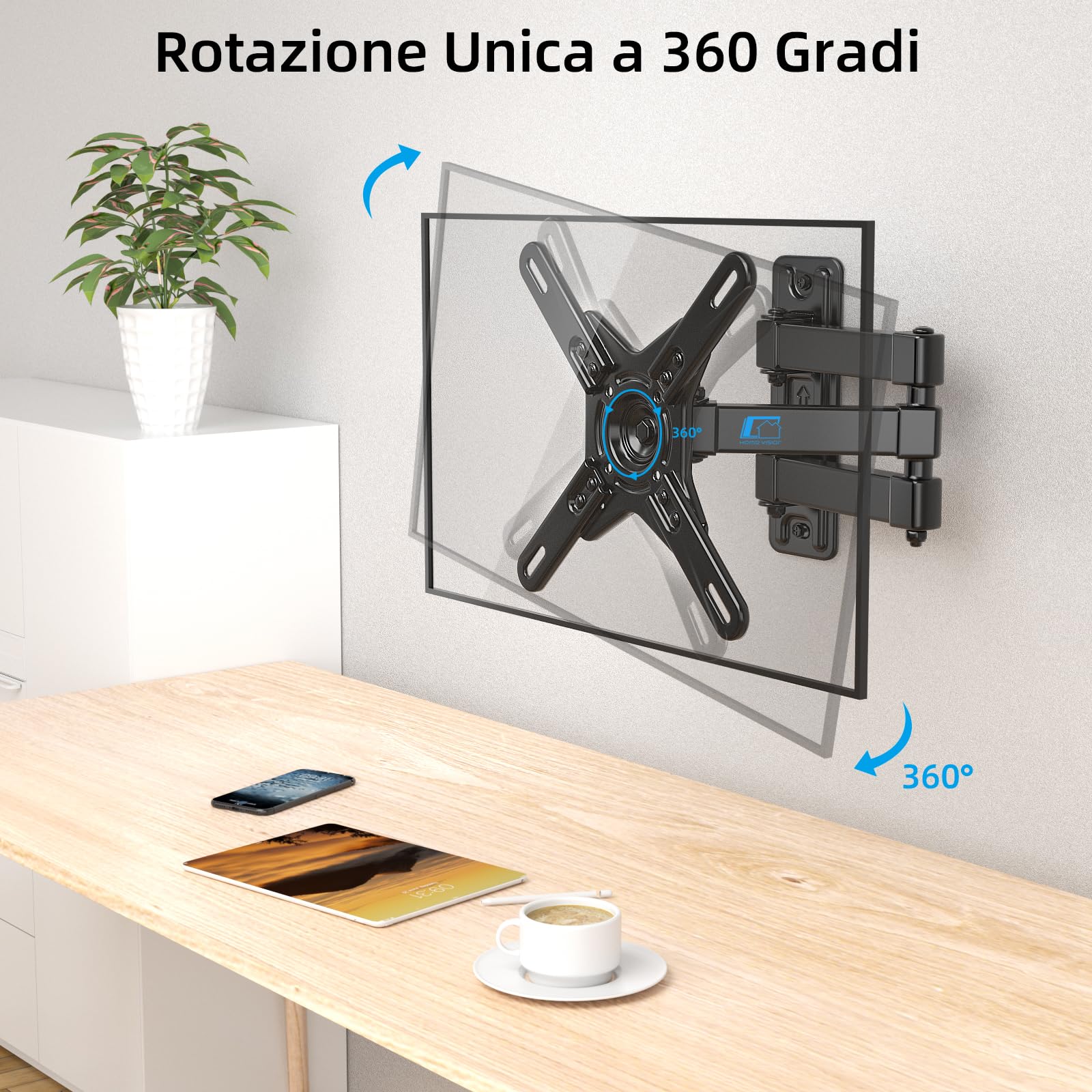 HOME VISION Supporto Tv Parete Orientabile Da 17-42 Pollici, Monitor Tv, Staffa Di Rotazione Per L'Estensione Del Supporto Da Parete Fino A 20 Kg Max Vesa 200x200 Mm Per Echo Show 15 Alexa