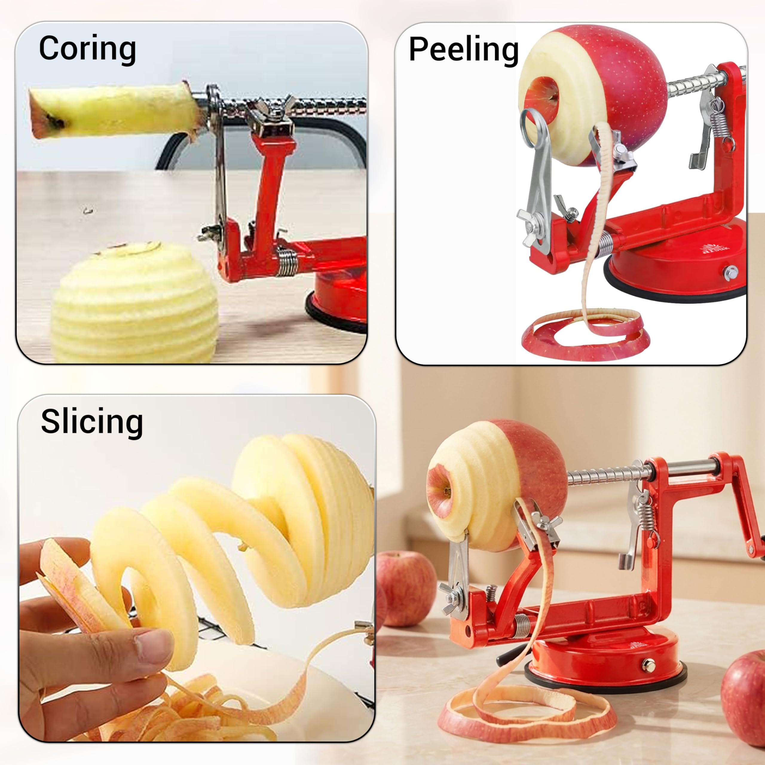 Sbuccia Mela Affettatrice e Levatorsoli - (2 Lame Extra e 1 Levatorsoli) Macchina da Cucina 3 in 1 per Pelare Verdure e Frutta, Lama Regolabile in Acciaio Inox, Base Antiscivolo a Ventosa