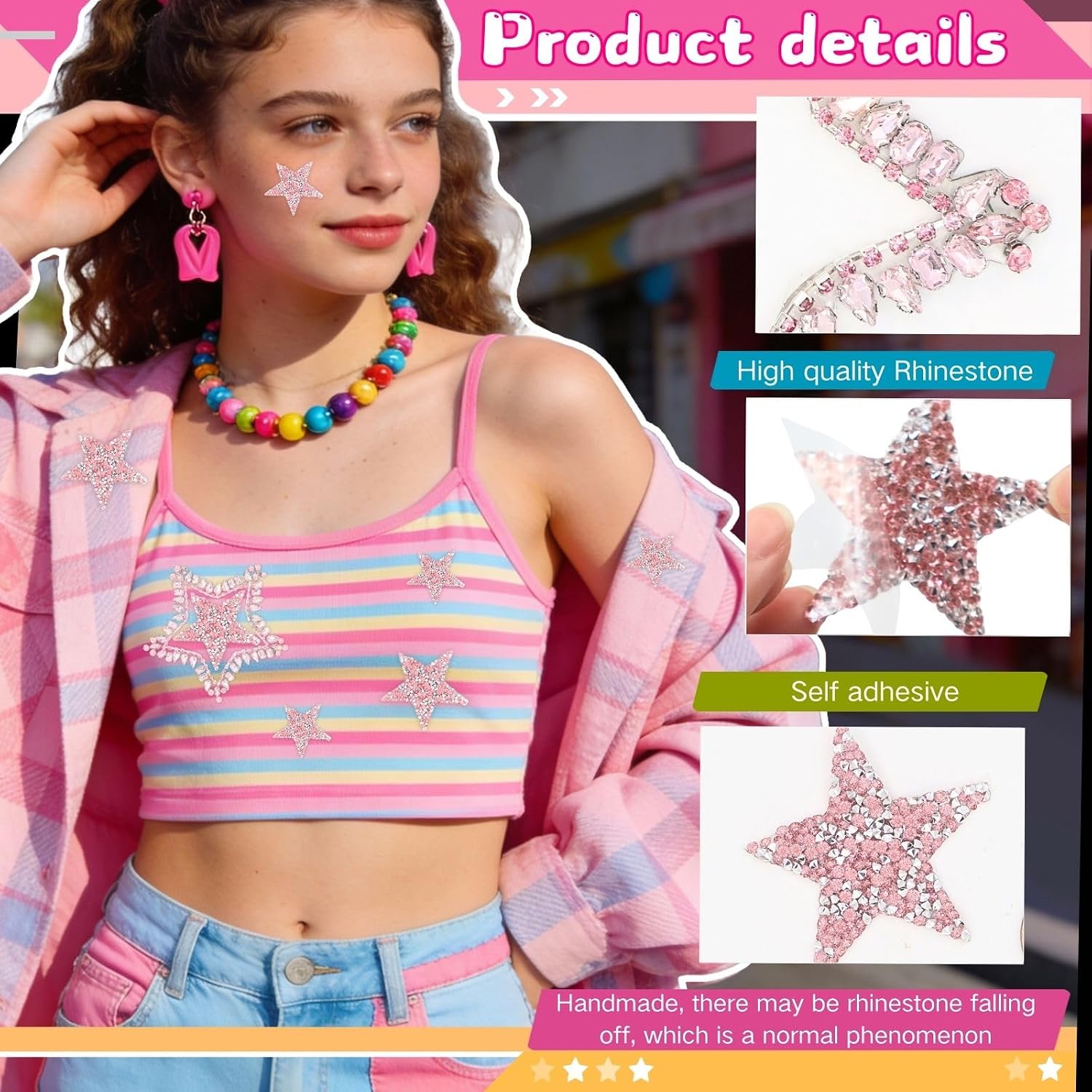 Bijou Joon 14 Pcs Pink Rhinestone Stars Self Adhesive Star Patches Iron on with Rhinestone Applique Patches for Clothes DIY Handbag Ornament Bridal Wedding Dress Fabric Accessories