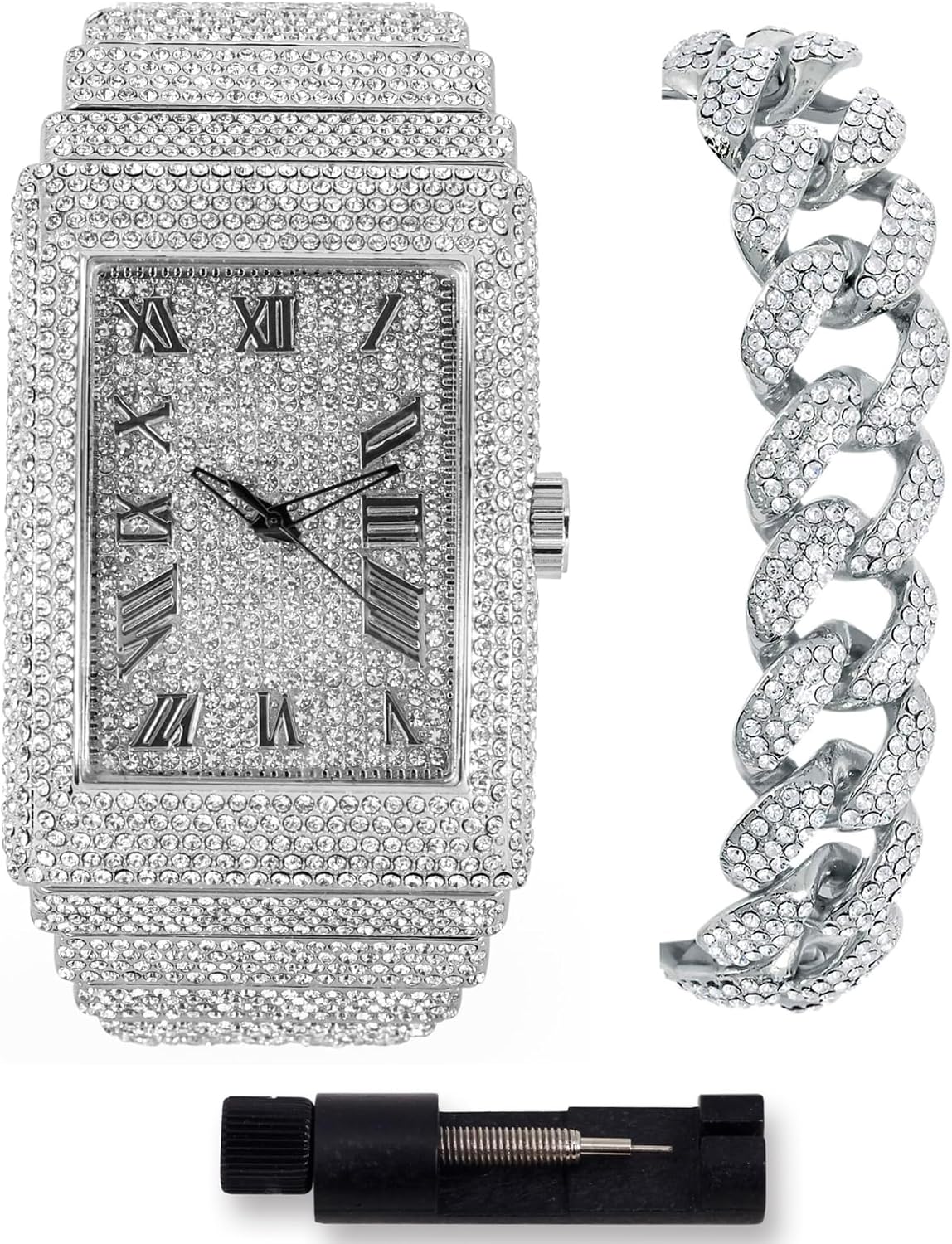 Men's 40mm Fully Iced Out Watch & Bracelet Set, Rectangle Case