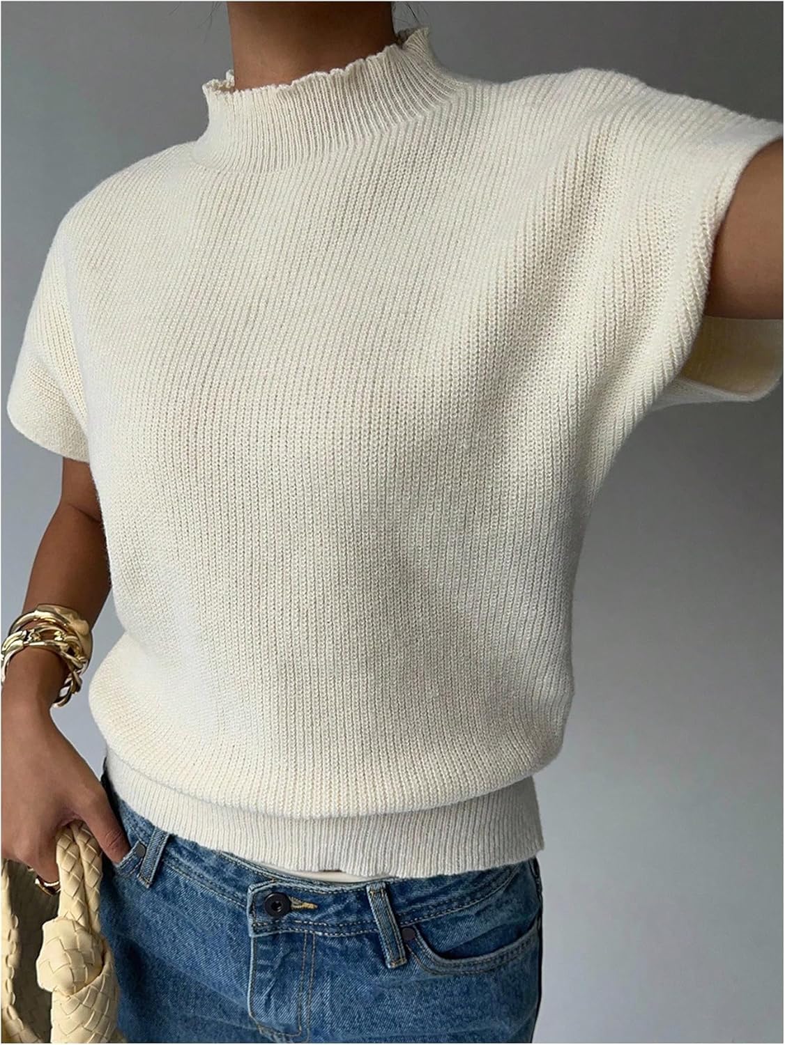 Milumia Women's Short Cap Sleeve Sweater Pullover Tank Top Dressy Casual Mock Neck Sweater Knit Crop Top - Image 4