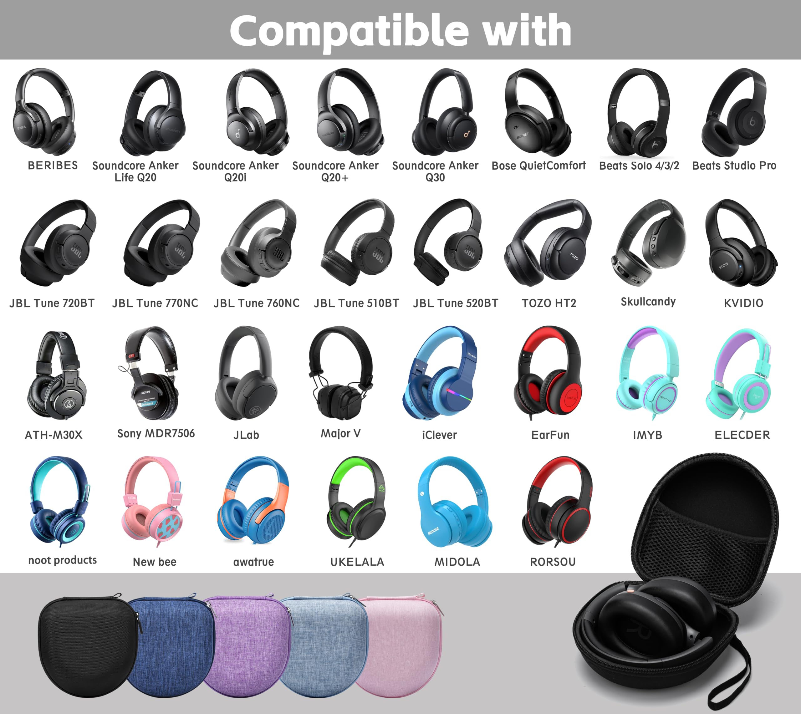 Ginsco Funda rígida compatible con auriculares Bluetooth Beats Solo 4/3/Studio Pro/Studio 3, con Soundcore/BERIBES/TOZO/KVIDIO/SNOY MDR7506/ATH M30X/Marshall Major V, funda para auriculares de viaje