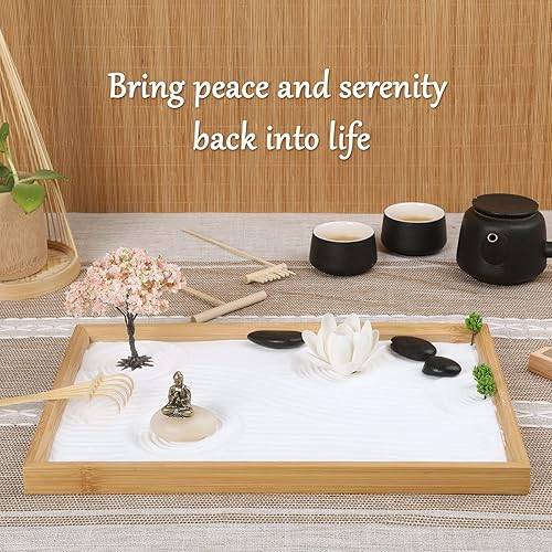 Miniatura 7 de Jardín Zen para escritorio de 11 x 7.5 pulgadas, arte de arena hecho a mano con bandeja, juego de regalo japonés, mini jardín zen con árbol bonsái,