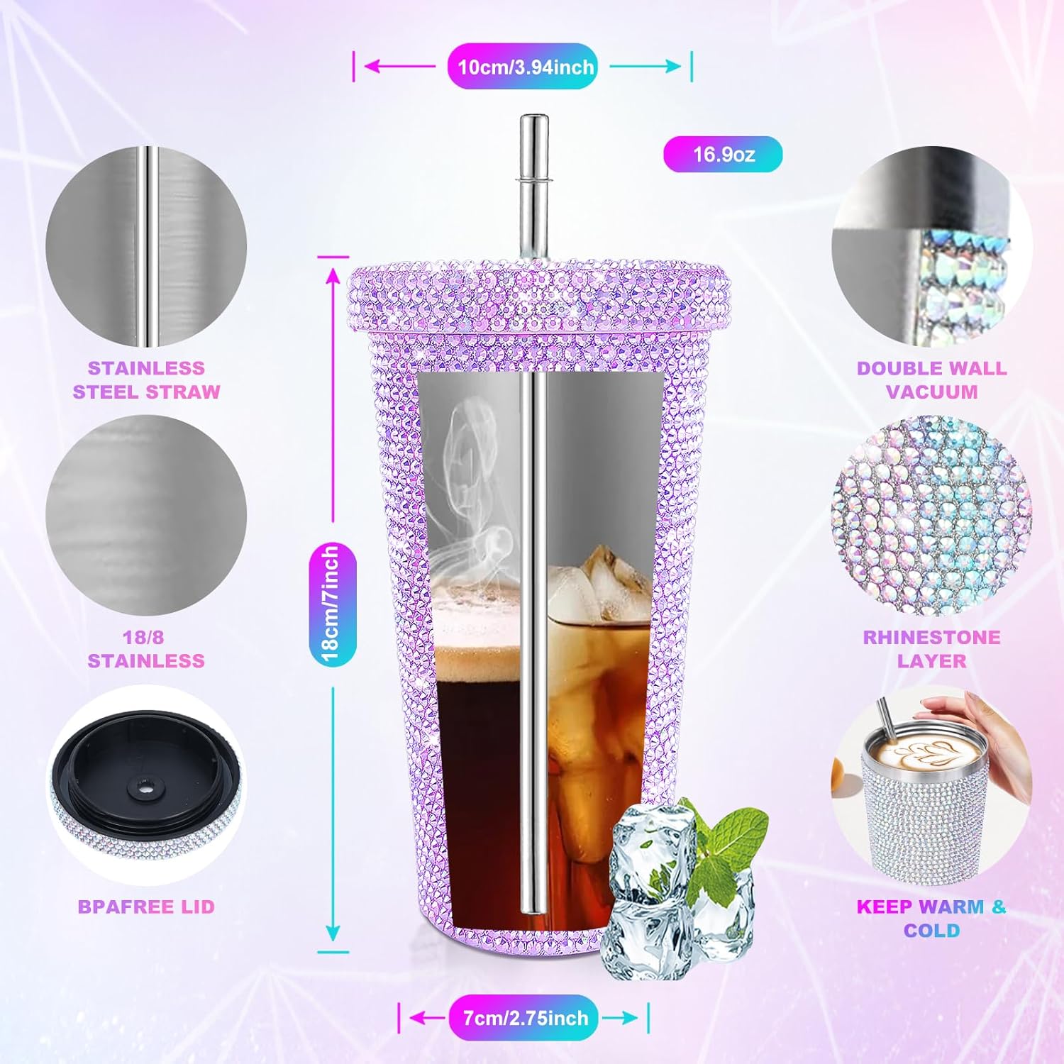Bling tumbler Cup,Glitter Tumbler with 6 Pcs Straw Brushes 1 Pcs Cup Brush,Rhinestone Water Bottle with Straw Lid,Purple Stainless Steel Double Wall Vacuum Thermal for Women - Image 3