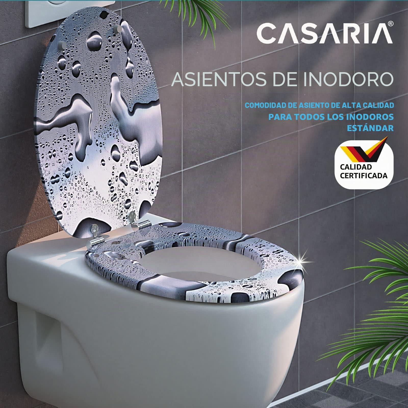 CASARIA® Asiento Inodoro, Tapa WC, Madera MDF, Tapas WC Universal Water, Tapadera Cierre Suave Doble Automático, 175Kg, Antibacteriano, Accesorios Baño, Gotas
