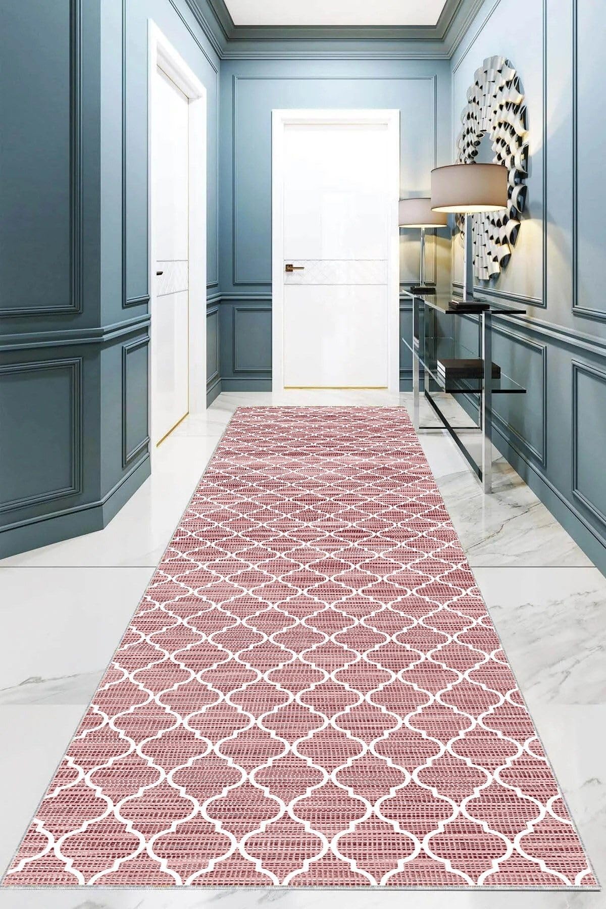 Pelangi Geometrik Karo Desenli Dijital Baskı Yıkanabilir Kaymaz Taban Etnik Kilim Desen Salon Halı, Pembe 80 x 400, 9555602804007