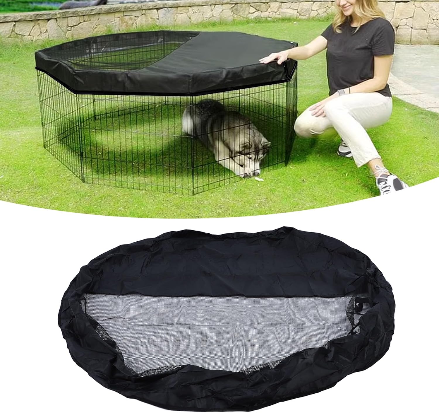 Dog Pen Cover Octagonal Pet Playpen Top, Proof Water Dog Playpen Cover, 210D Silver Coated Oxford Cloth with Half Mesh Design, Fits 8 Panels 24 Inch Width for Outdoor