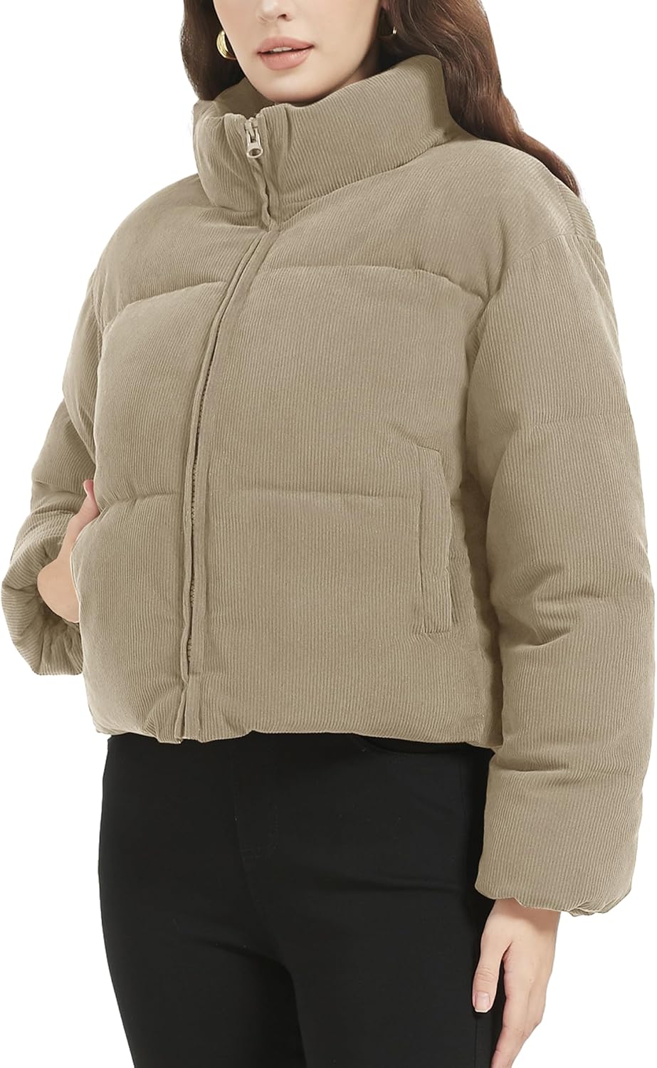Flygo Womens Cropped Corduroy Puffer Jacket Winter Jackets Warm Long Sleeve Zip Quilted Down Puffer coat - Image 3
