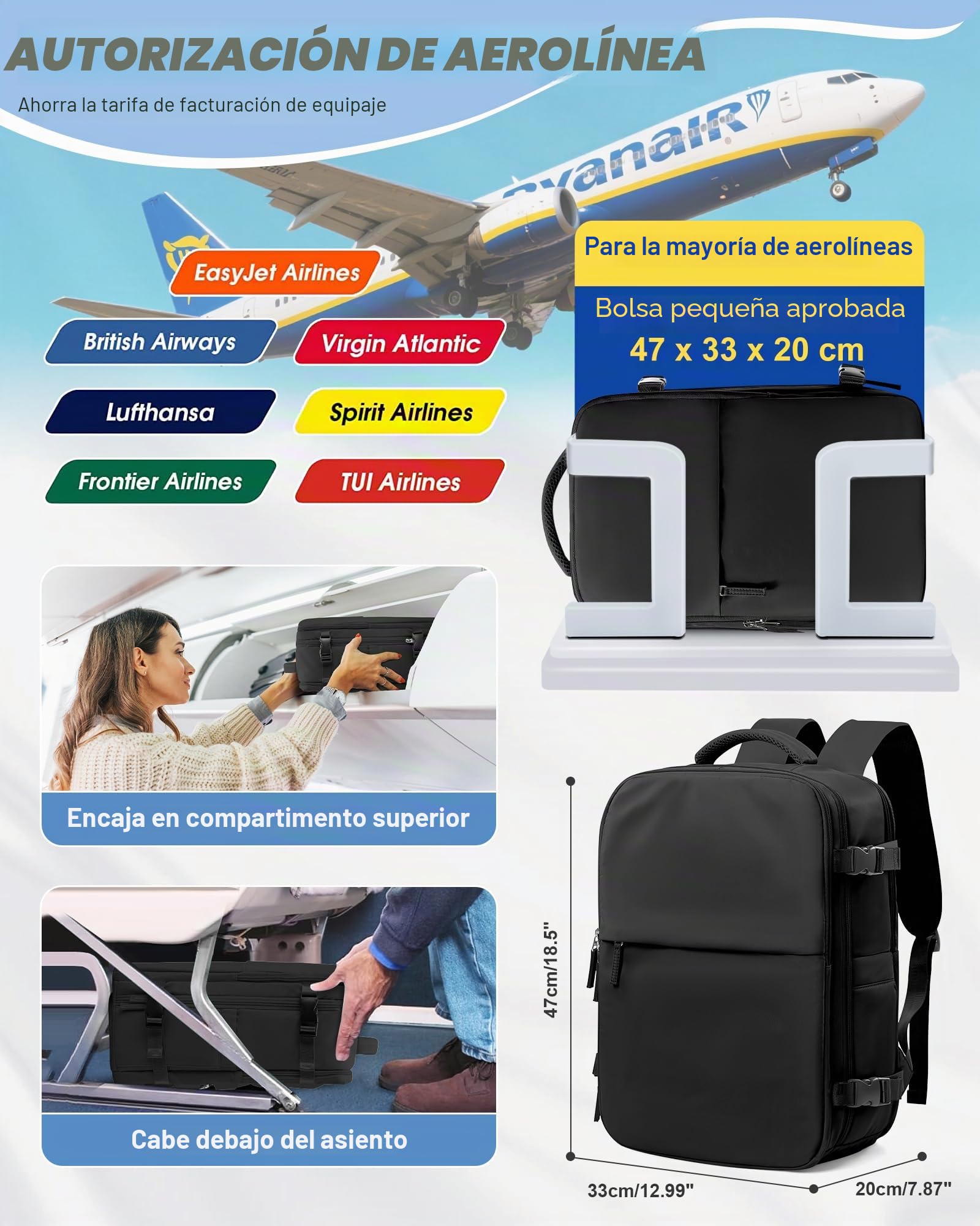 SEAFEW Mochilas de Vacío con Bomba Mochila Viaje Cabina Avion para Easyjet Bolsa de Cabina Equipaje de Mano Mochila de Senderismo Impermeable Cabina Mochila,F01-Negro