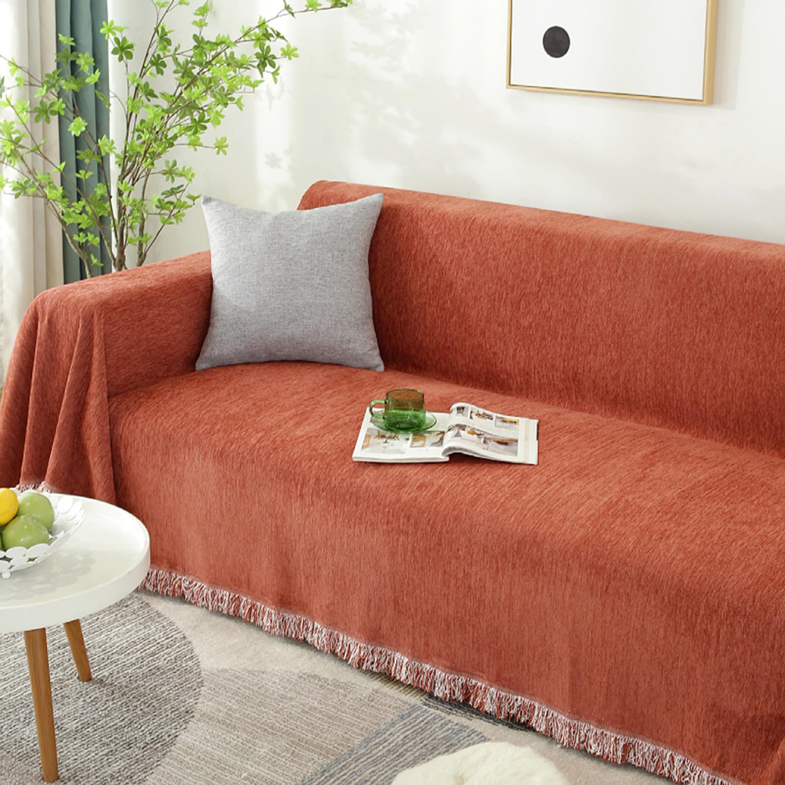 Jeté De Canapé en Chenille 1 2 3 4 Places Serviette De Coussin Housse De Canapé d'angle en Forme De L Couvre De Canapé AntidéRapante Nordique Polyvalente Couverture pour Canapé(180x380cm,Red)