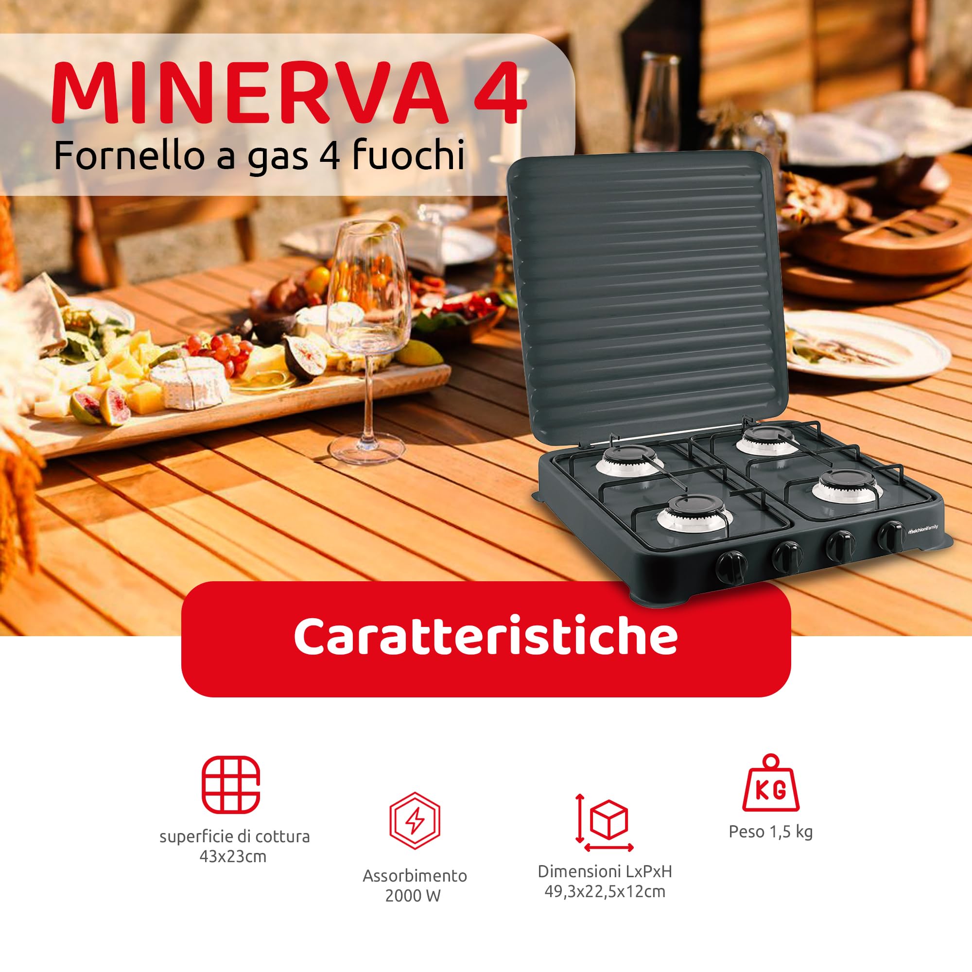 Melchioni Family Gaskocher Modell Minerva New mit vier Brennern, schwarz, für den Außenbereich, mit abnehmbarem Grill und Brenner und Deckel