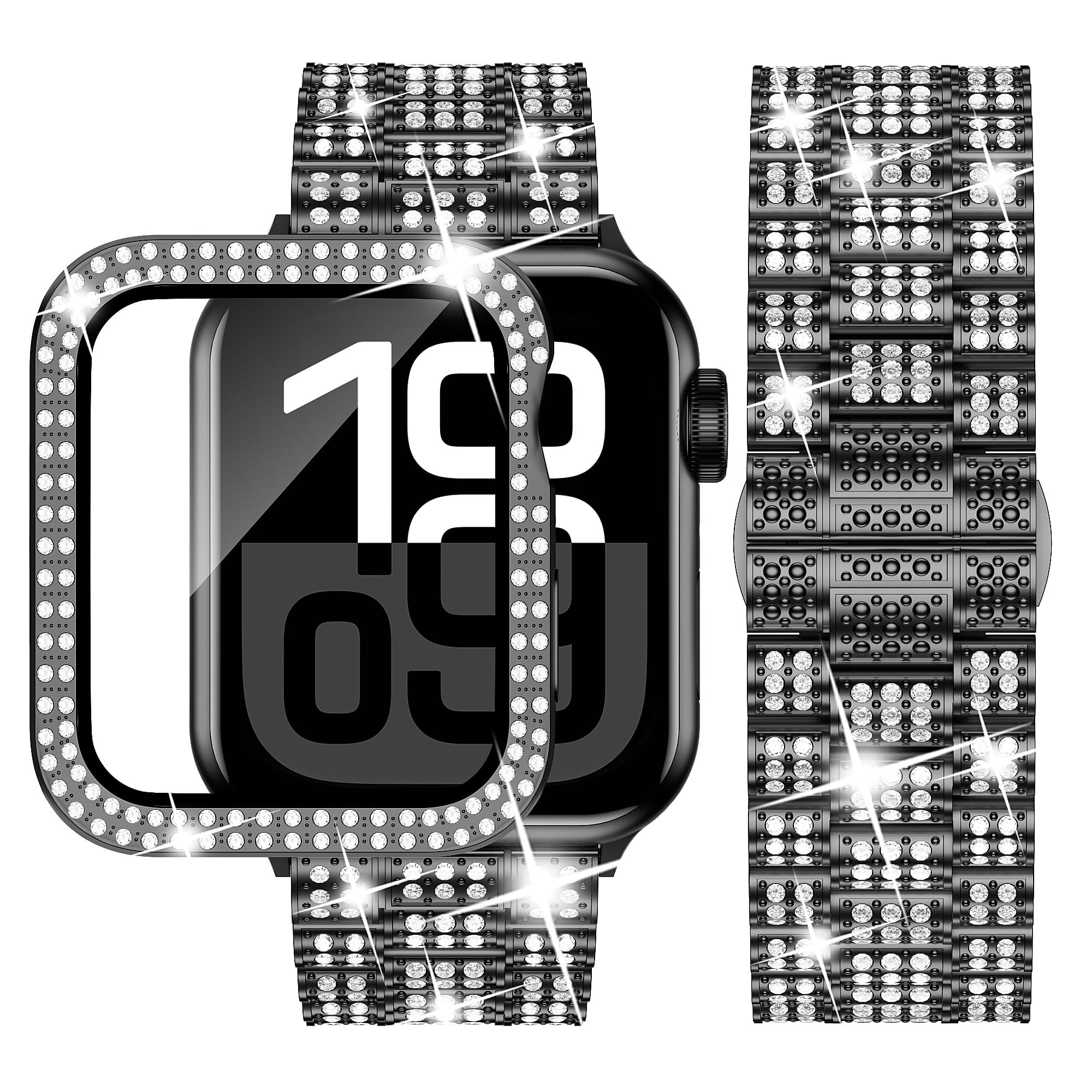 iiteeology Designed for Apple Watch Bands 46mm 45mm 44mm 42mm 41mm 40mm, Bling Diamond Case Band Kit Luxury Rhinestone Strap Series 10 9 8 7 6 5 4 SE for Women