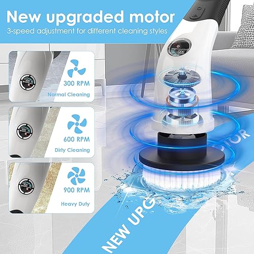 Miniatura 3 de Limpiador eléctrico giratorio, cepillo de limpieza inalámbrico, 3 velocidades, 7 cabezales de cepillo reemplazables y mango largo desmontable,