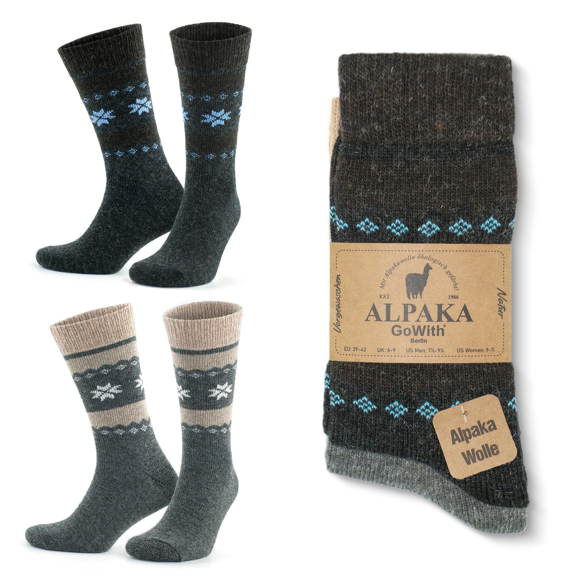 Alpaca Wool Socks for Men and Women, Unisex Thermal Crew Socks for Hiking, Work, Outdoor, Mod:3097, 2 Pairs