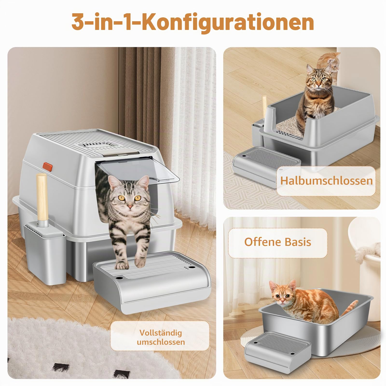 Edelstahl Katzenklo XXL 37L – Geschlossene Katzentoilette für große Katzen, mit 120° Klappdeckel, Trittstufe und Schaufel, geruchsarm, auslaufsicher, leicht zu reinigen, Cremegrau