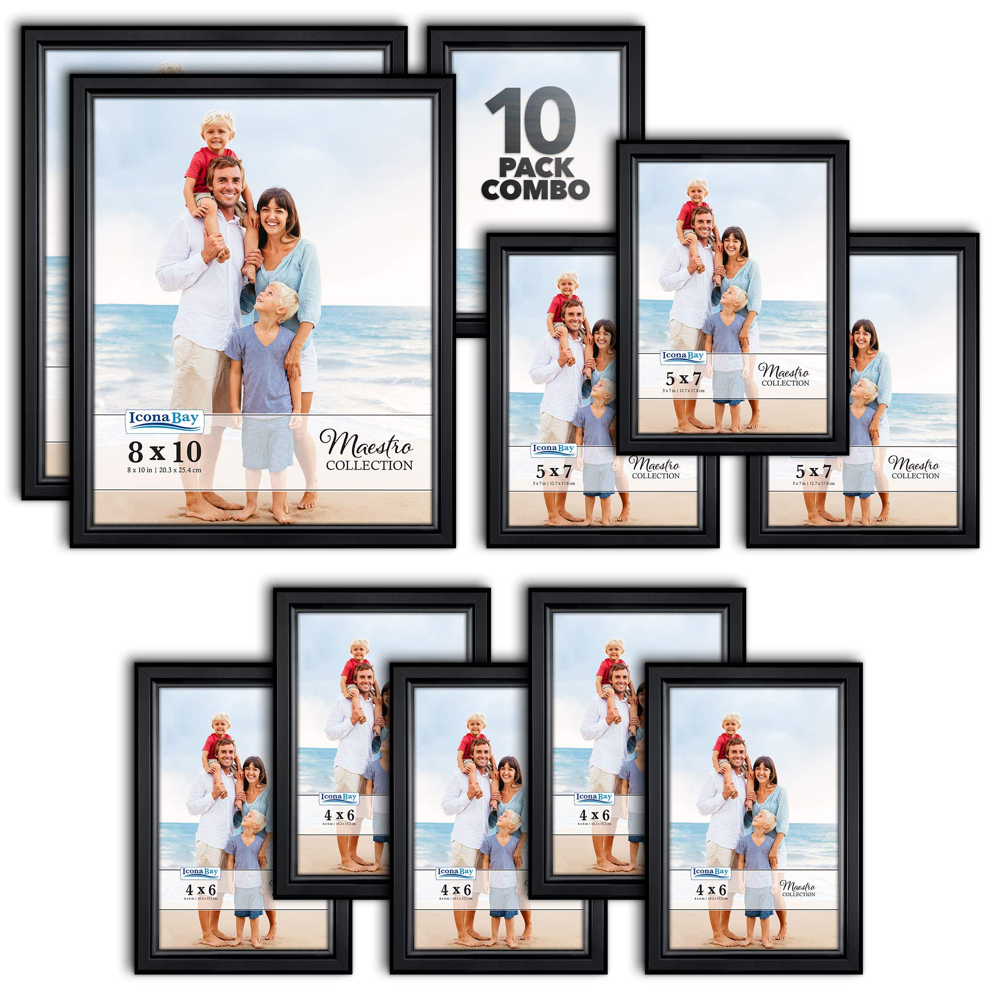 Icona Bay Combination Black Picture Frames Set - 10 PC (Five 4x6, Three 5x7, Two 8x10), Classy Contemporary Style, Maestro Collection for Wall Gallery