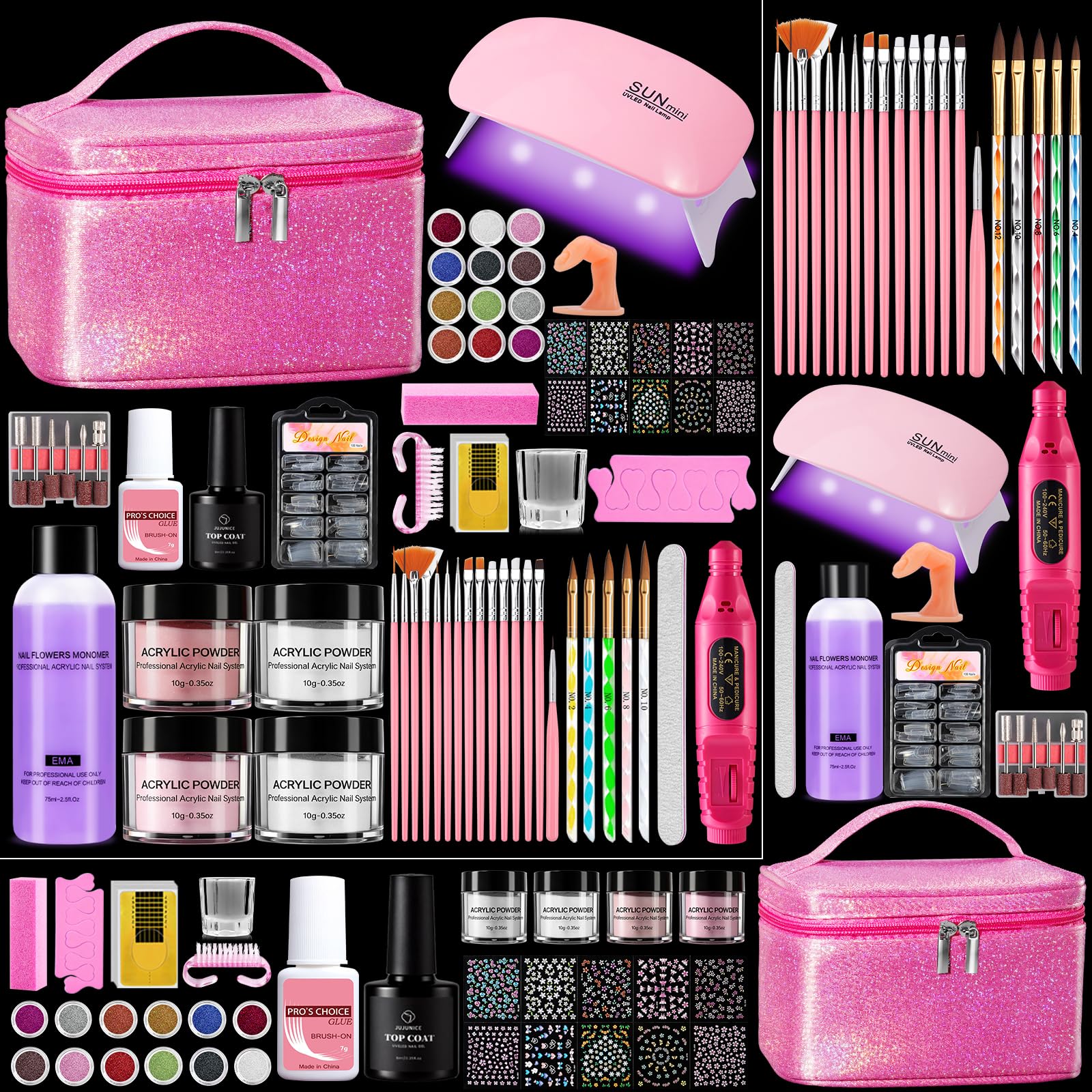 Kit de Uñas Acrílicas para Principiantes Completo: 4 Colores Acrilico Para Uñas con Dedo de Práctica Taladro Lámpara UV - Kit Uñas Semipermanentes Extensión con Bolsa Glitter