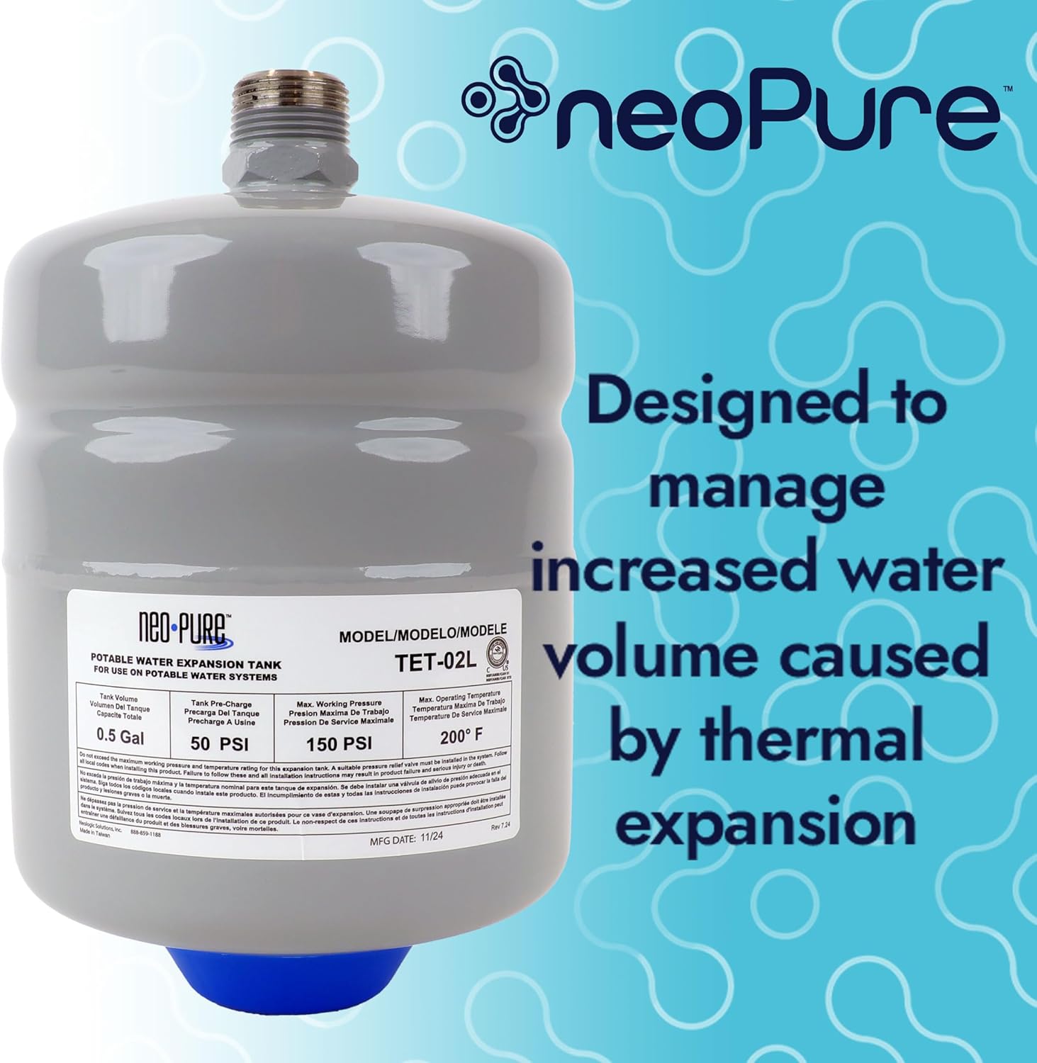 Neo-Pure 0.52 Gal Thermal Expansion Tank - 3/4" MNPT – Maintains Safe Pressure for Water Heaters with Backflow Preventers, Butyl Diaphragm & Corrosion-Resistant Finish (White)