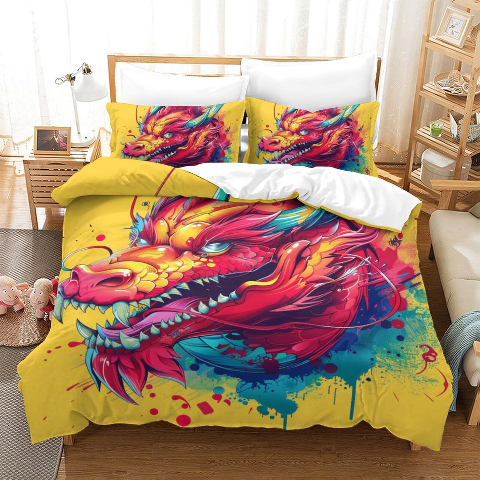 Literie enfants dragon 3D housse de couette 200x200 avec taies d'oreiller en microfibre ado