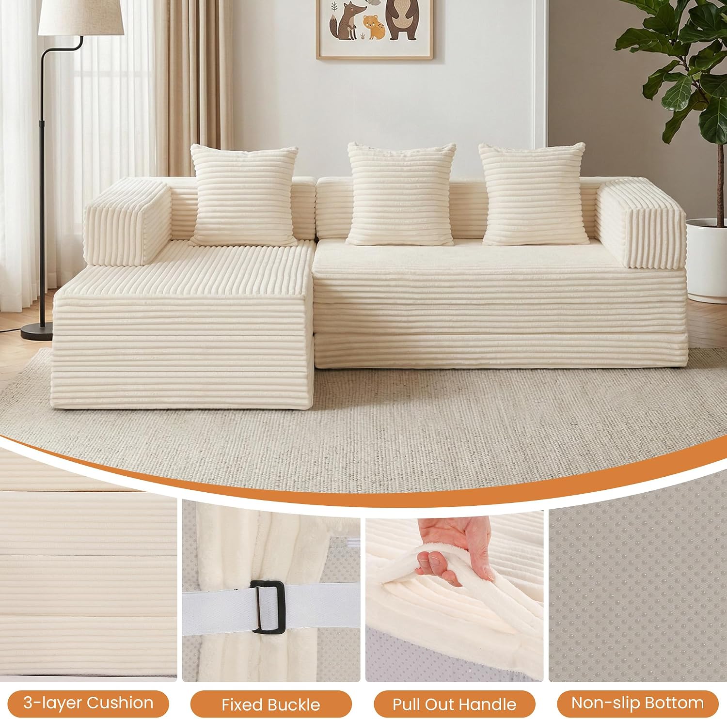 96" Boneless Couch for Living Room,Oversized Modular Sectional Sofa Bed,Modern Folding Cloud Couch with L-Shape Chaise,Convertible Sleeper Sofa,Corduroy Futon for Small Spaces Apartment,No Assembly