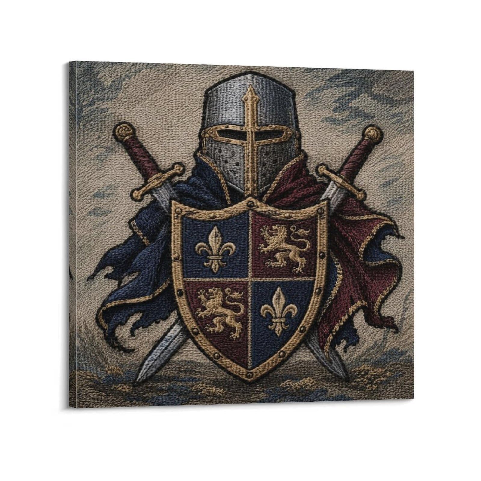XKUGA Needlepoint Heraldic Shield Gothic Poster Medieval Lion Crest Modern Decorative Canvas Prints - Ideal Wall Art for Family, Man Cave, Game Room, Boys & Girls Bedroom 12x12inch(30x30cm)