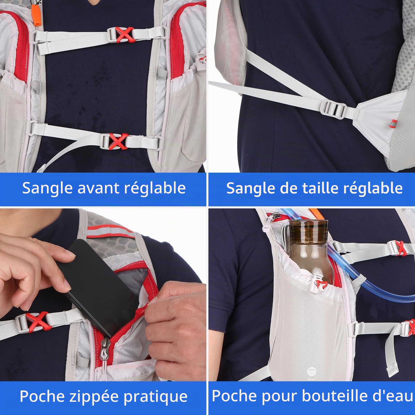 Lixada Léger Sac à Dos Hydratation 5L Sac à Dos de Course Sac à Dos d'hydratation Grande capacité en Plein air Sac à Dos d'équitation Léger pour la Course (Gris avec réservoir d'hydratation)