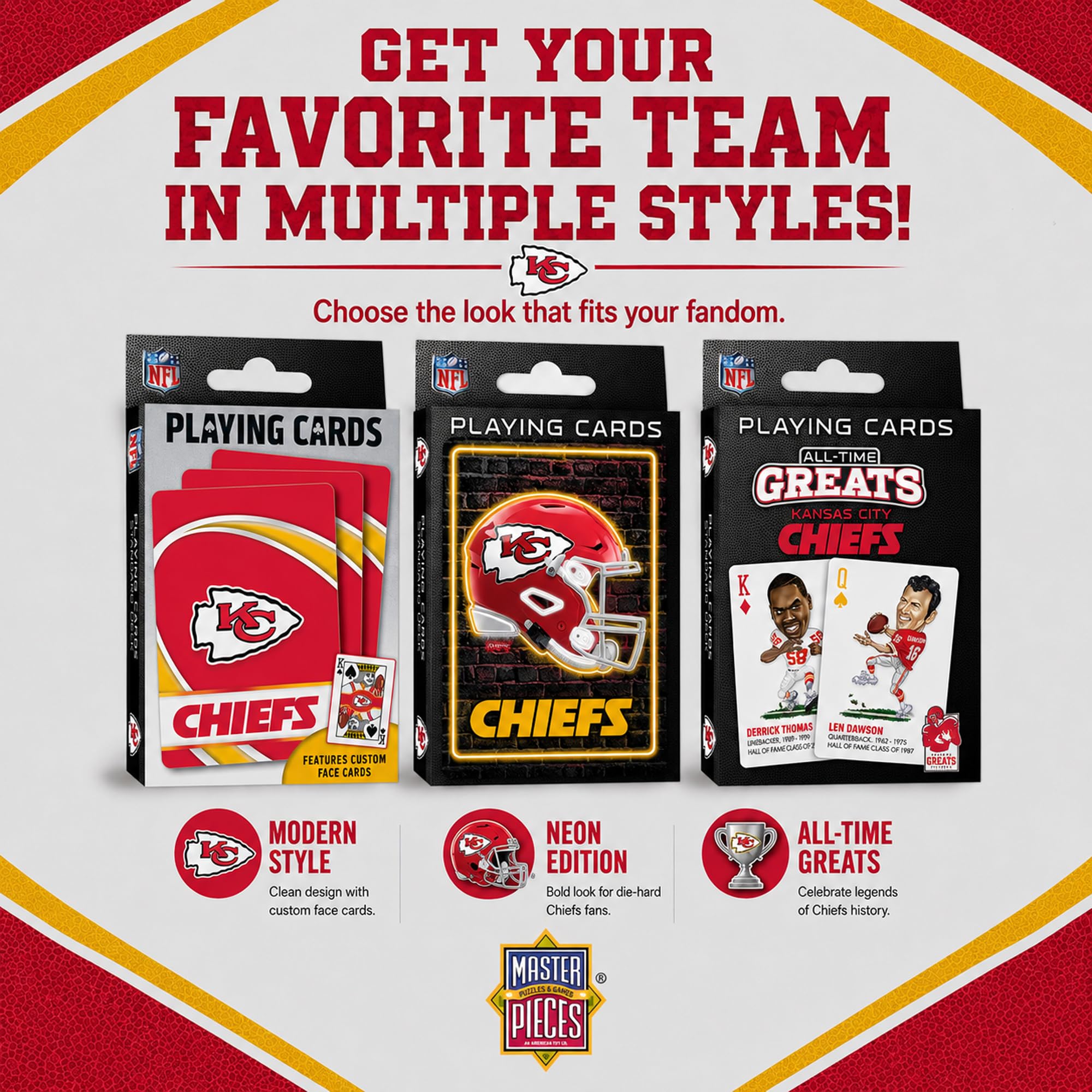 Masterpieces Jeu de cartes pour adultes – Sous licence officielle NFL Kansas City Chiefs 54 cartes